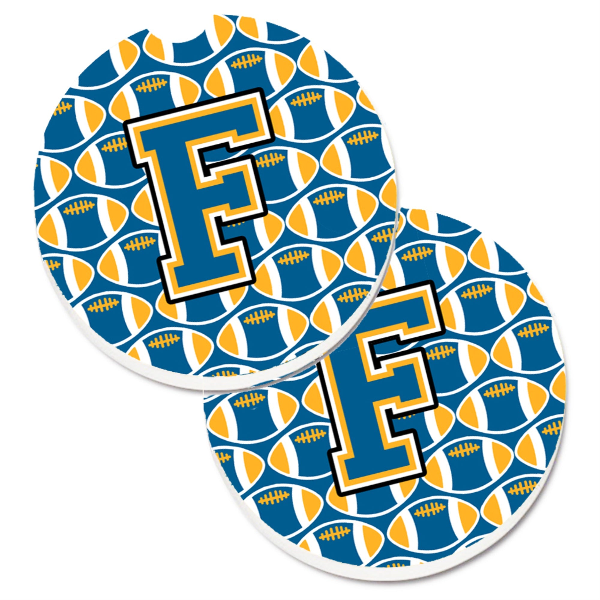 Caroline'S Treasures Letter F Football Blue & Gold Set Of 2 Cup Holder Car Coasters Cj1077-Fcarc, 2.56, Multicolor