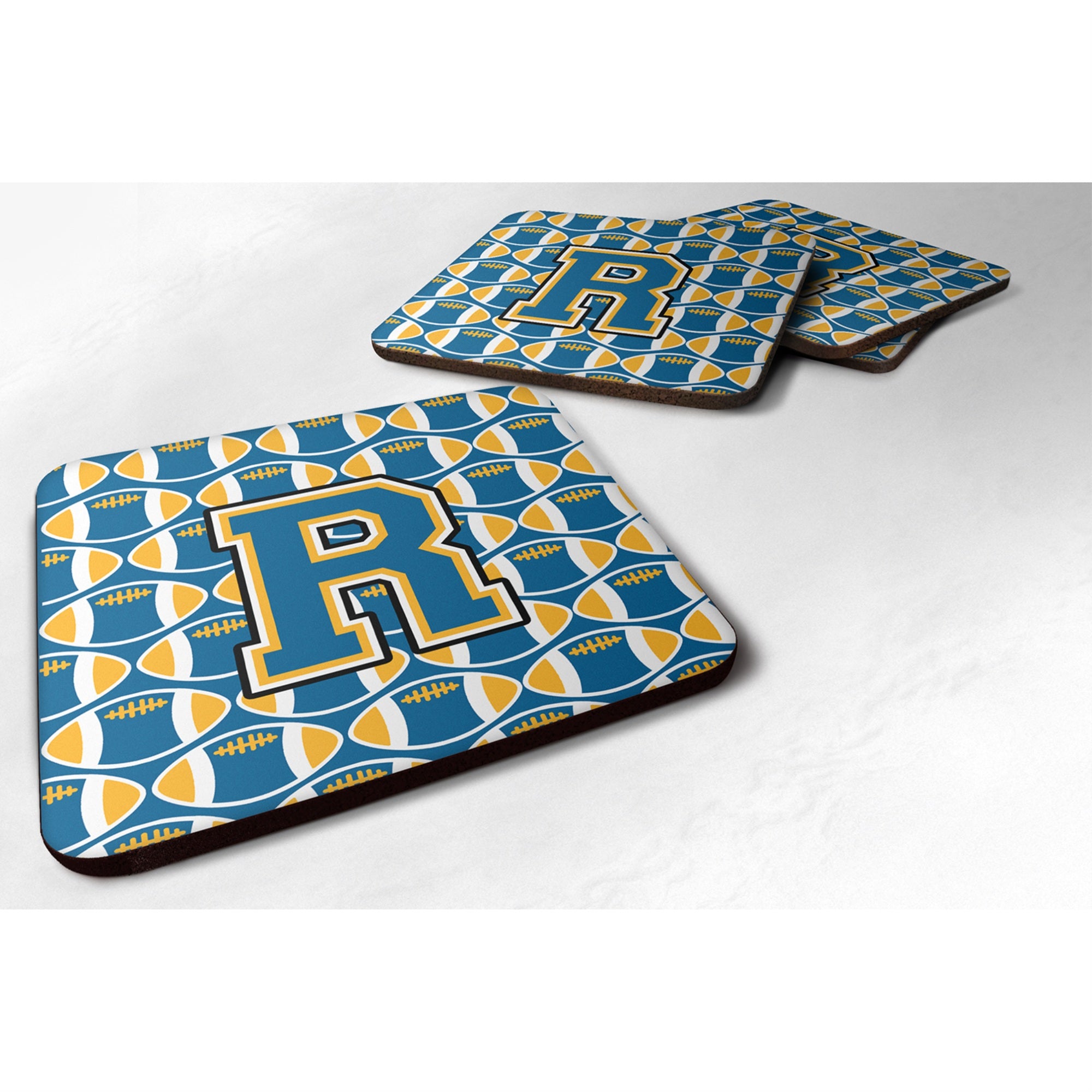 Caroline'S Treasures Cj1077-Rfc Letter R Football Blue And Gold Foam Coaster (Set Of 4), 3.5, Multicolor