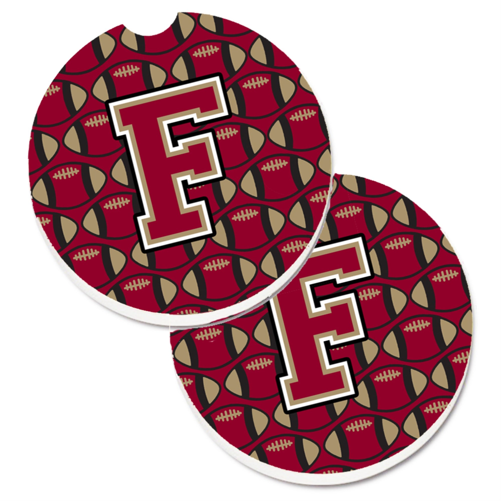 Caroline'S Treasures Letter F Football Garnet & Gold Set Of 2 Cup Holder Car Coasters Cj1078-Fcarc, 2.56, Multicolor