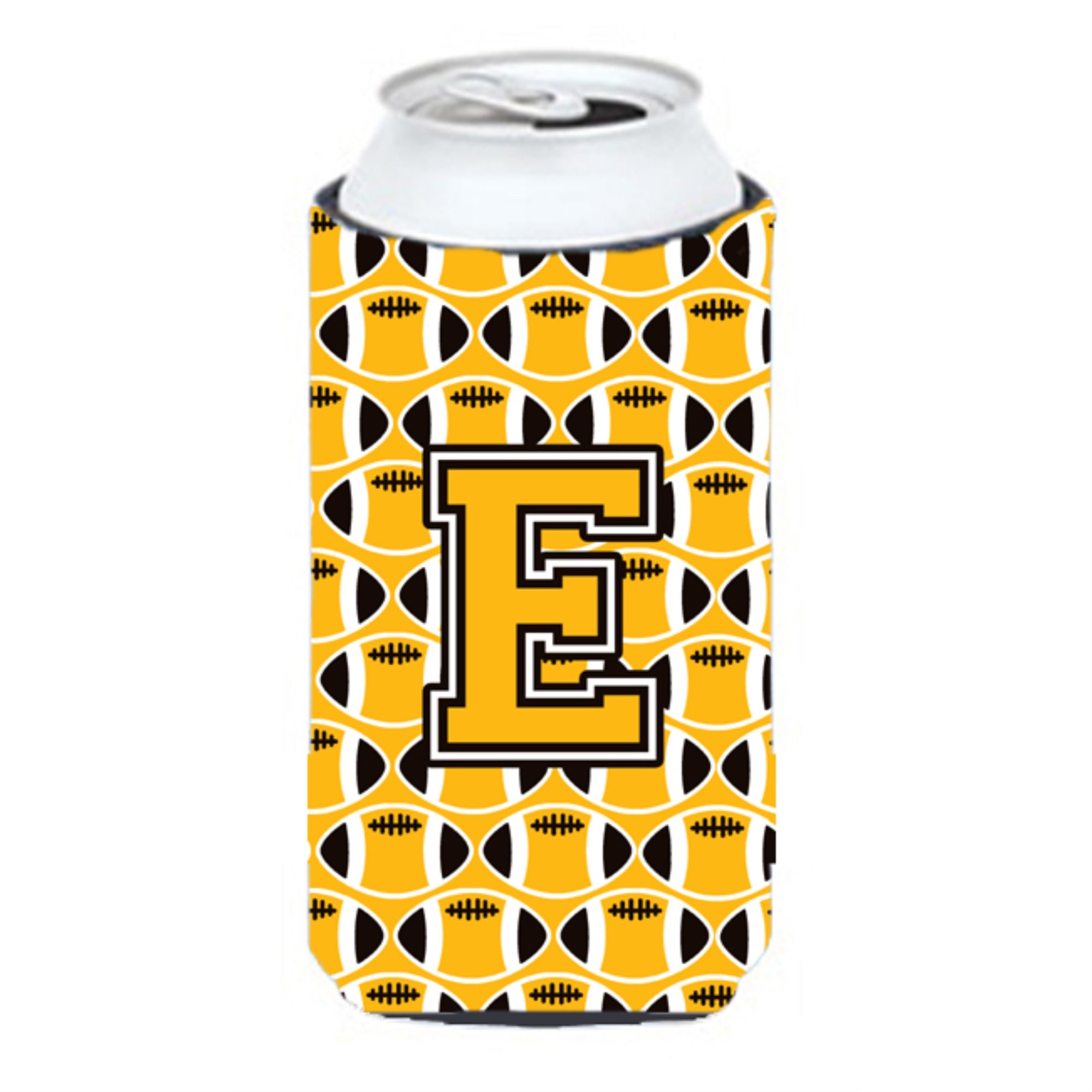 Letter E Football Black, Old Gold And White Tall Boy Beverage Insulator Hugger Cj1080-Etbc