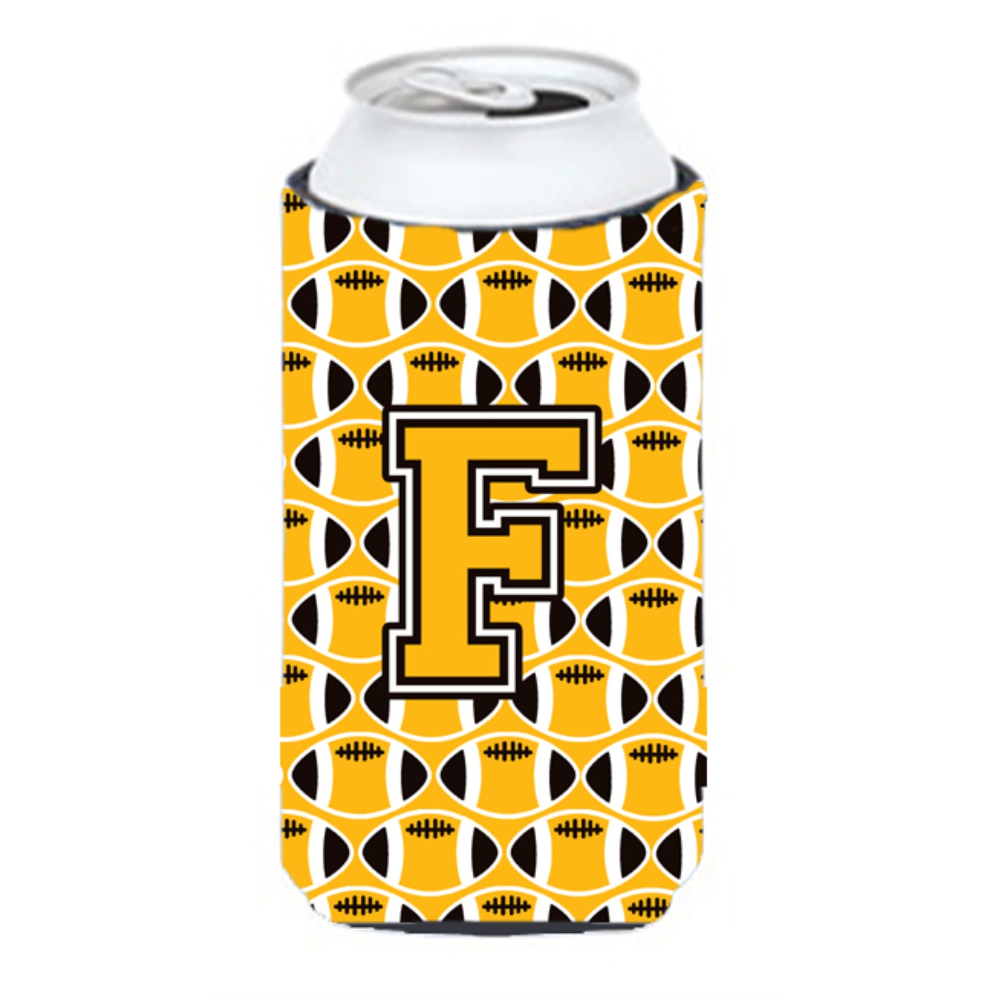 Letter F Football Black, Old Gold And White Tall Boy Beverage Insulator Hugger Cj1080-Ftbc