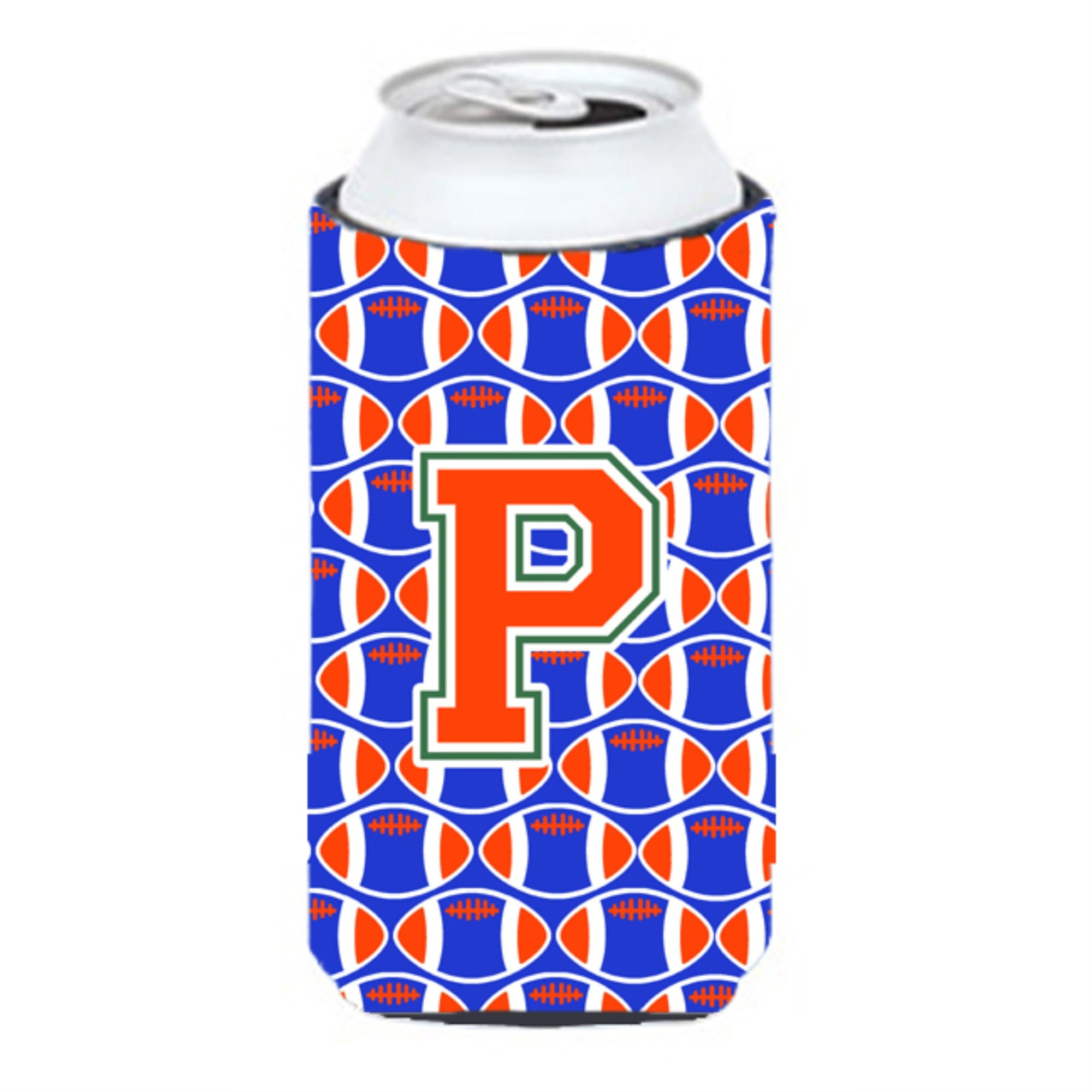 Letter P Football Green, Blue And Orange Tall Boy Beverage Insulator Hugger Cj1083-Ptbc