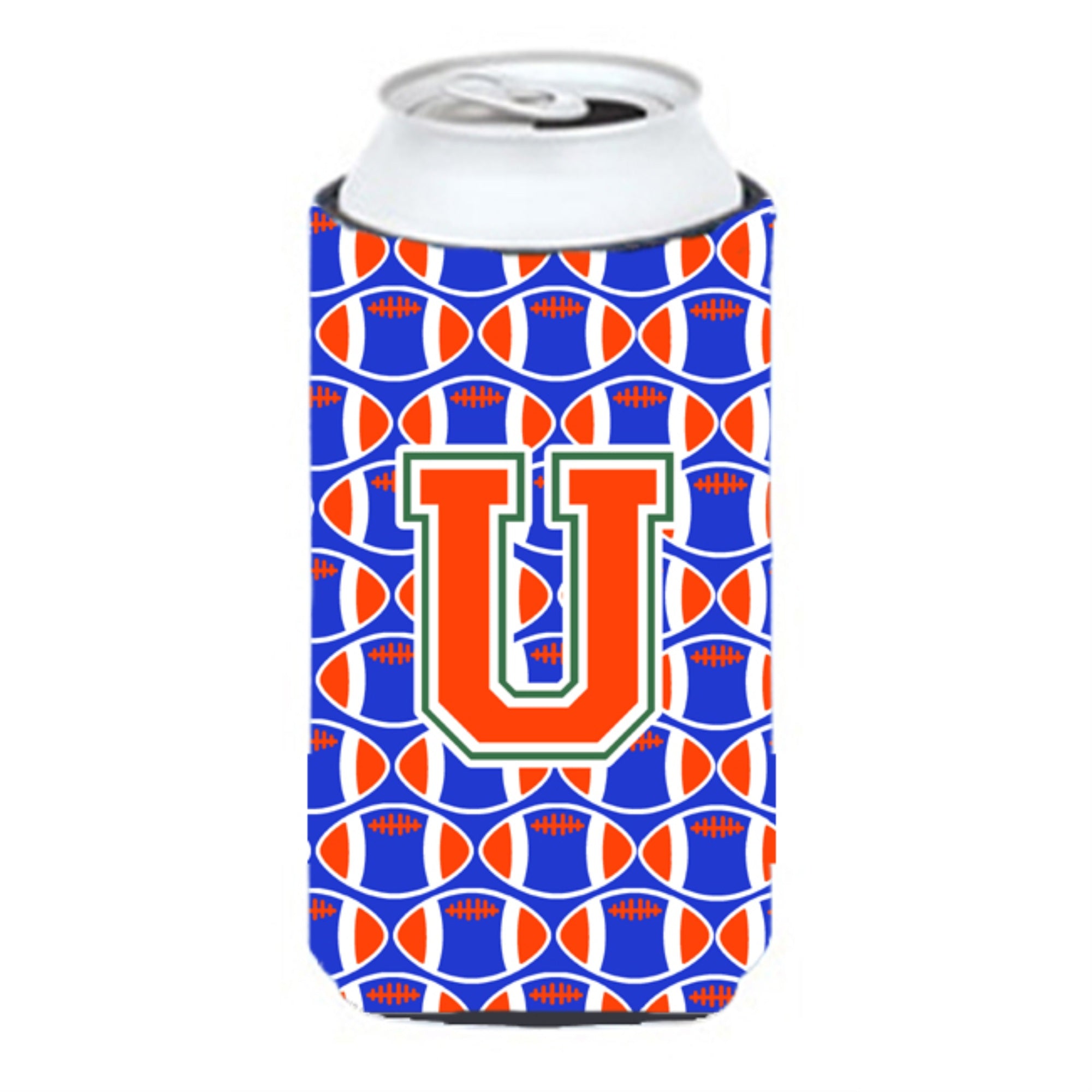 Letter U Football Green, Blue And Orange Tall Boy Beverage Insulator Hugger Cj1083-Utbc