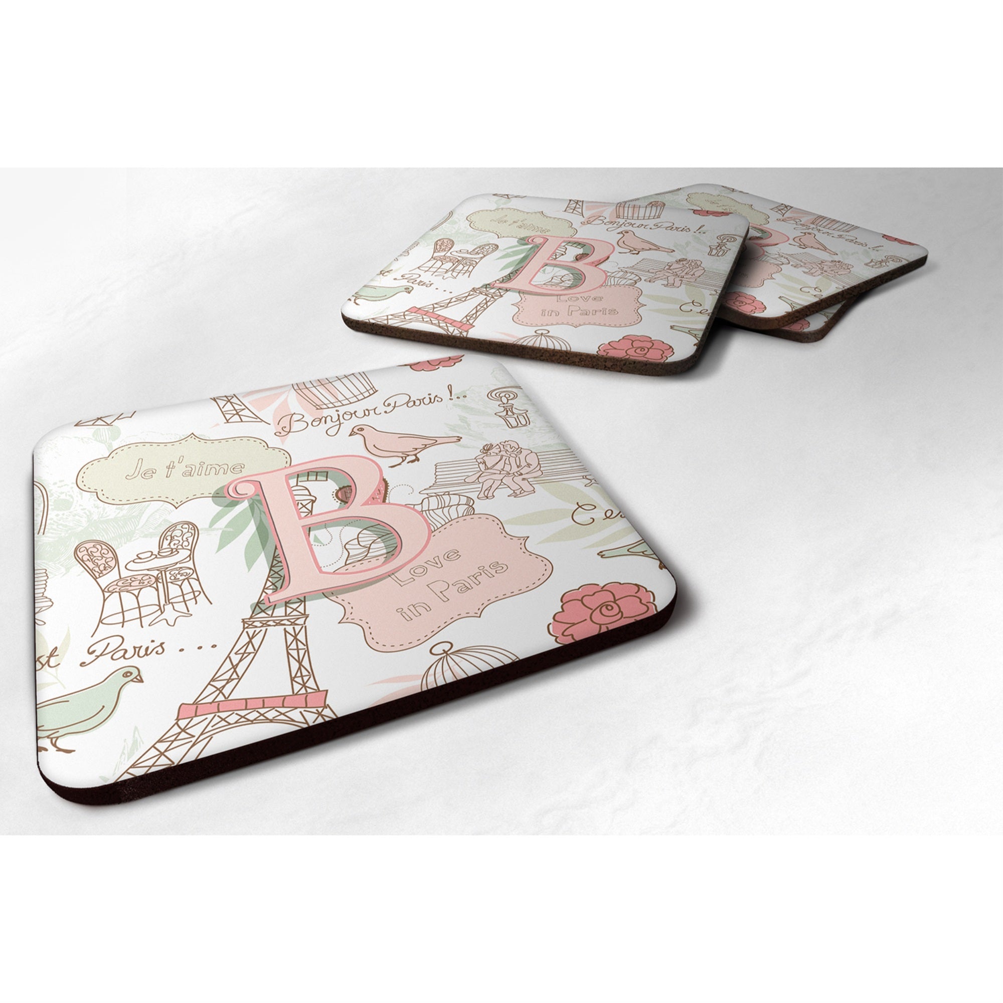 Caroline'S Treasures Cj2002-Bfc Letter B Love In Paris Pink Foam Coasters (Set Of 4), 3.5, Multicolor