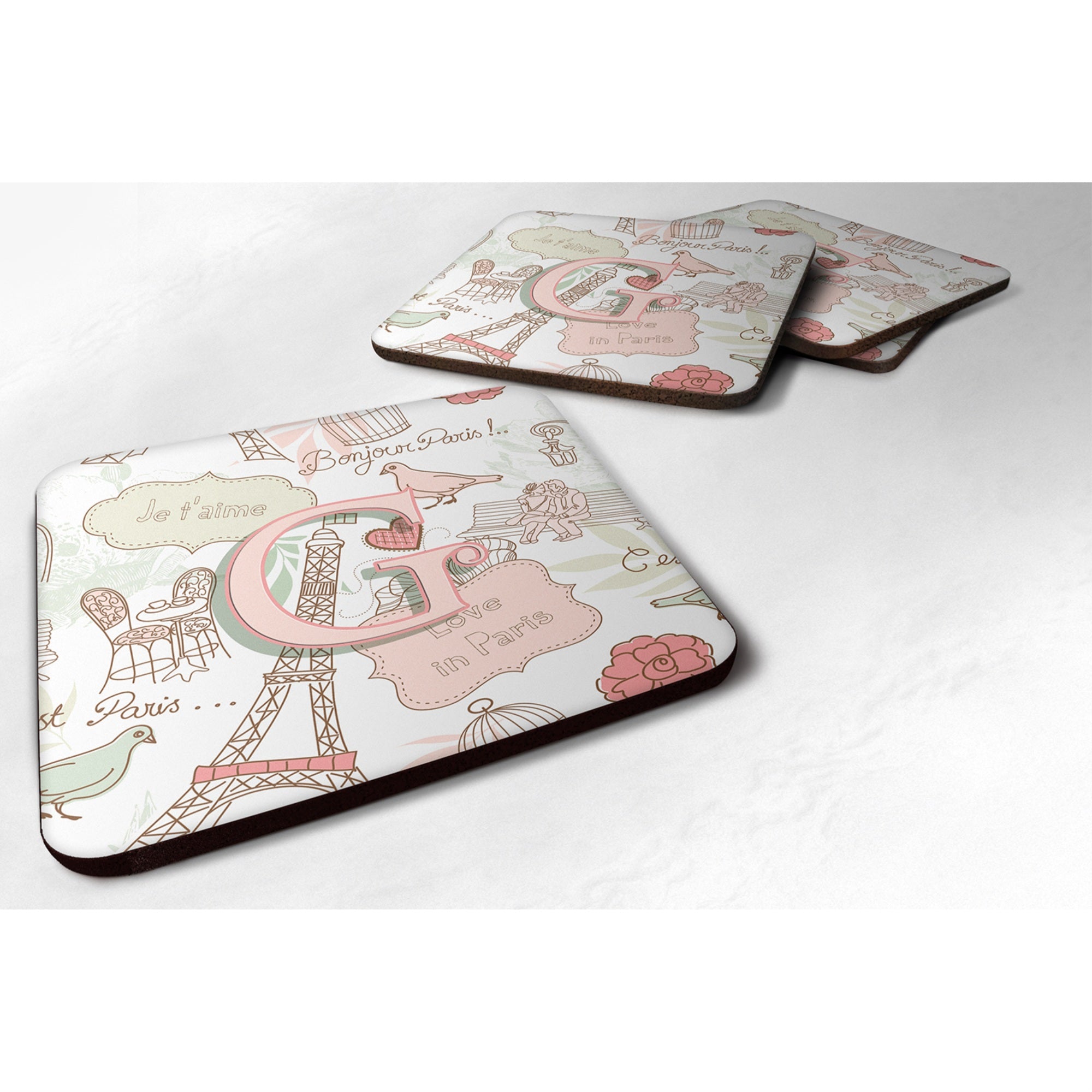 Caroline'S Treasures Cj2002-Gfc Letter G Love In Paris Pink Foam Coasters (Set Of 4), 3.5, Multicolor