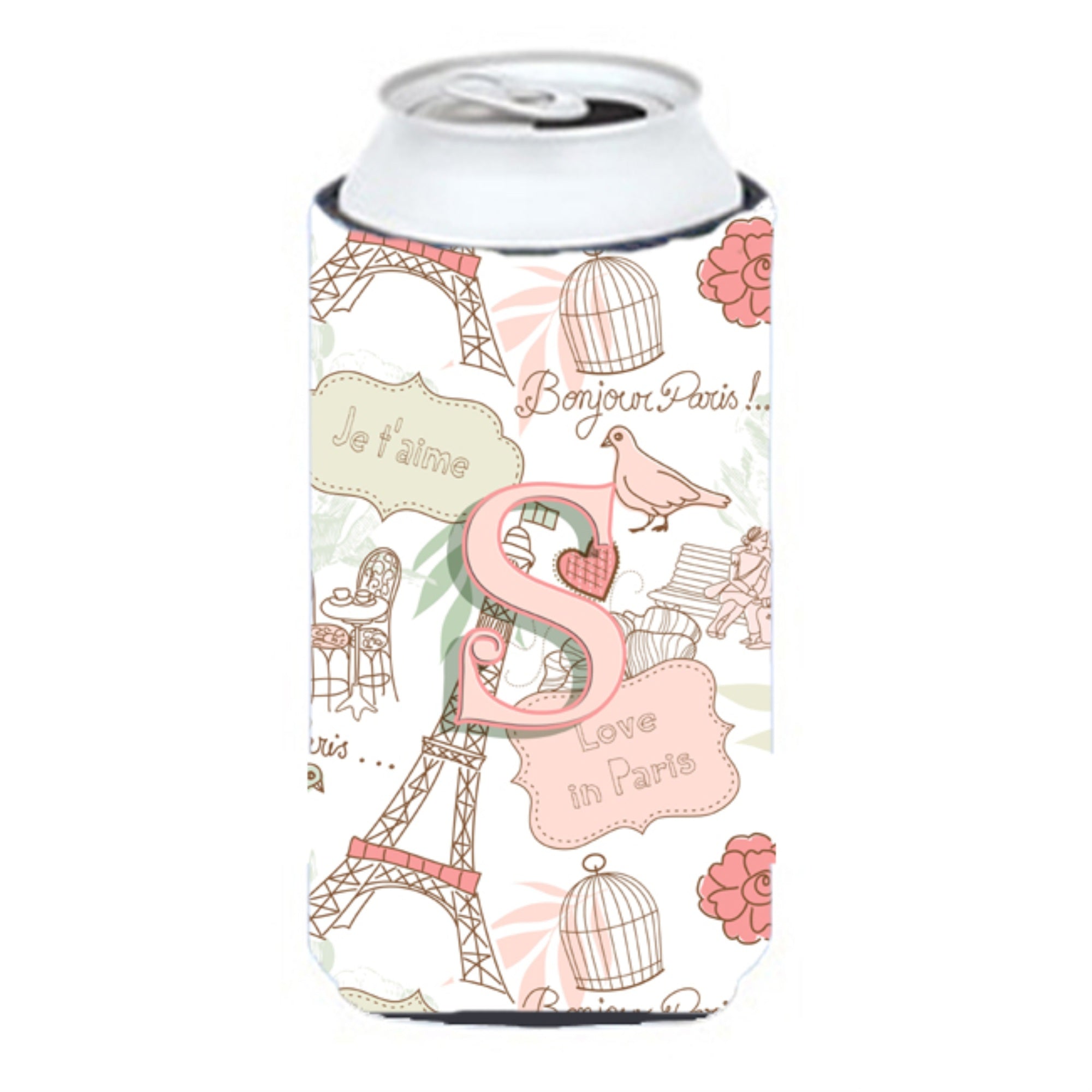 Letter S Love In Paris Pink Tall Boy Beverage Insulator Hugger Cj2002-Stbc