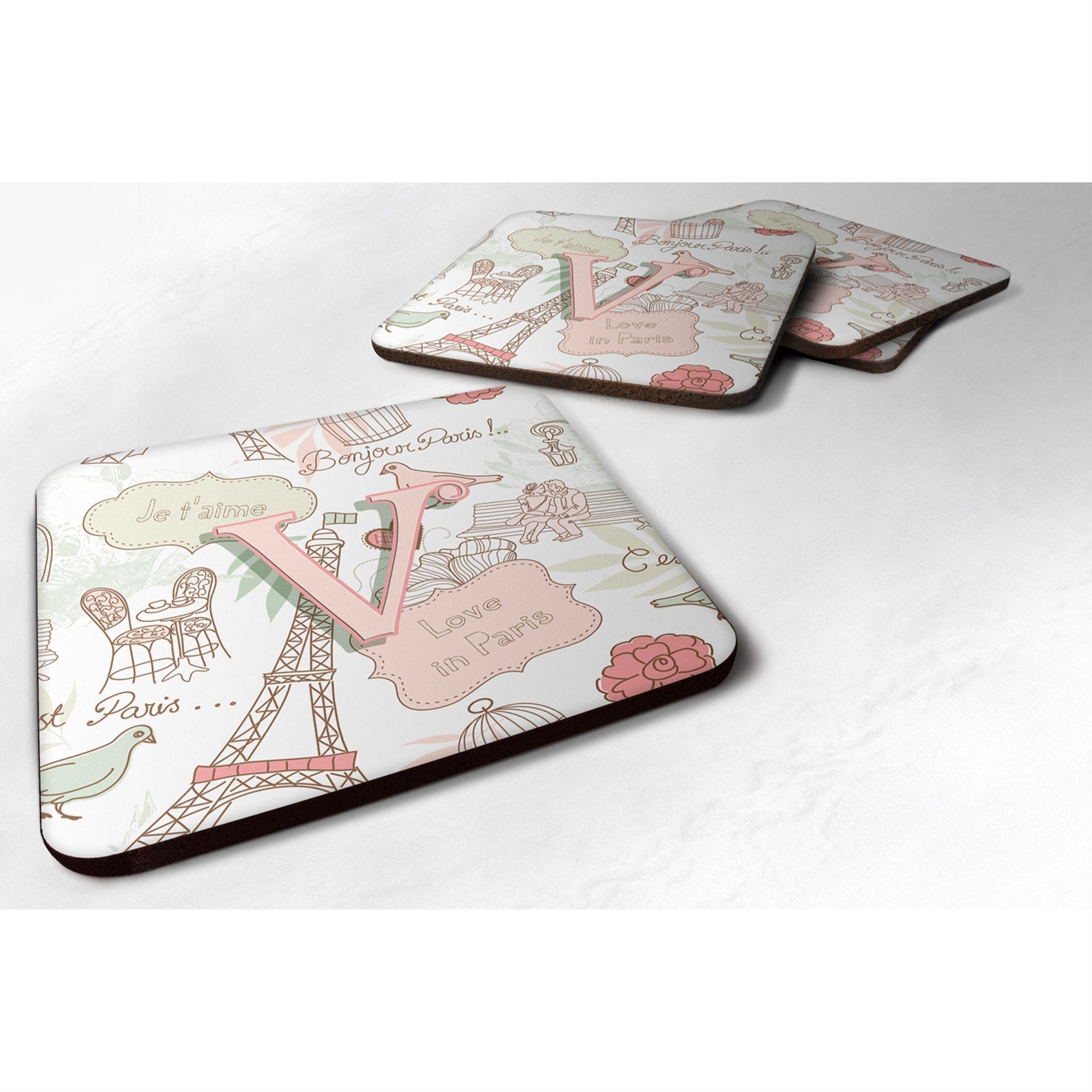Caroline'S Treasures Cj2002-Vfc Letter V Love In Paris Pink Foam Coasters (Set Of 4), 3.5, Multicolor