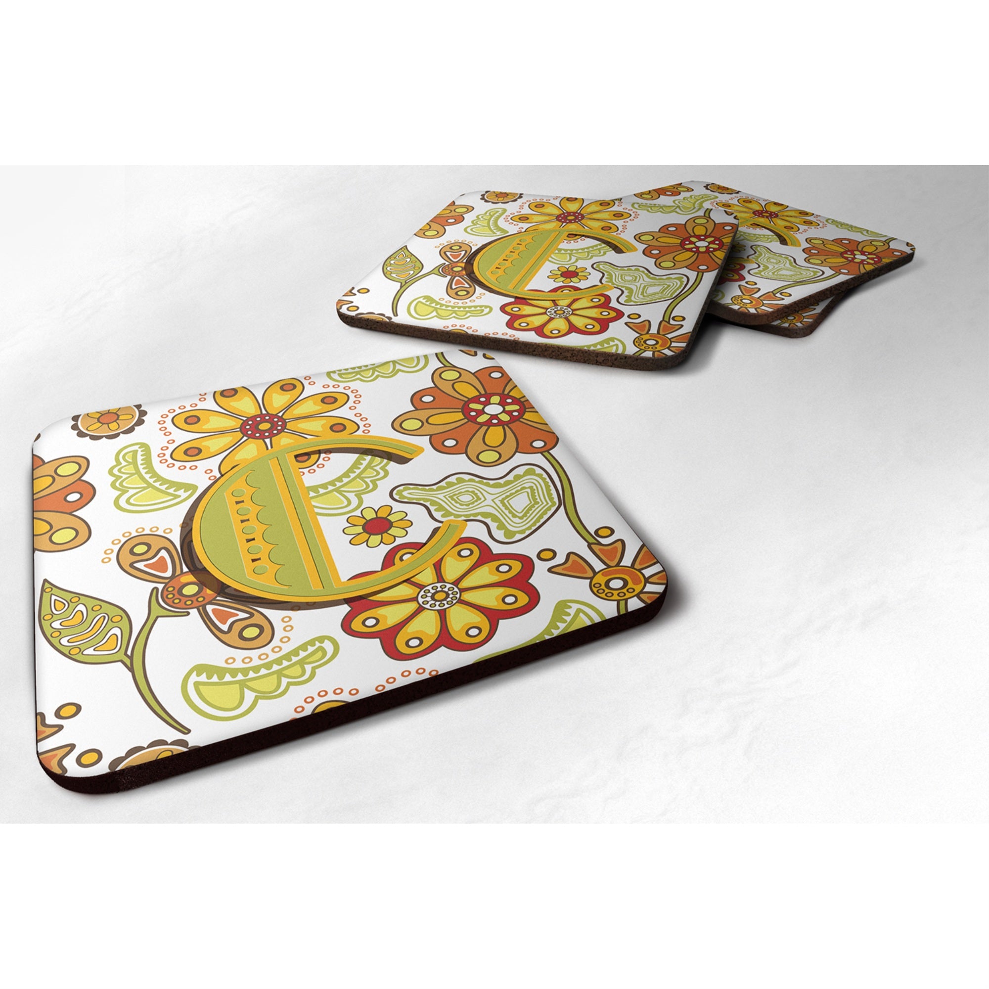 Caroline'S Treasures Cj2003-Cfc Letter C Floral Mustard And Green Foam Coasters (Set Of 4), 3.5, Multicolor