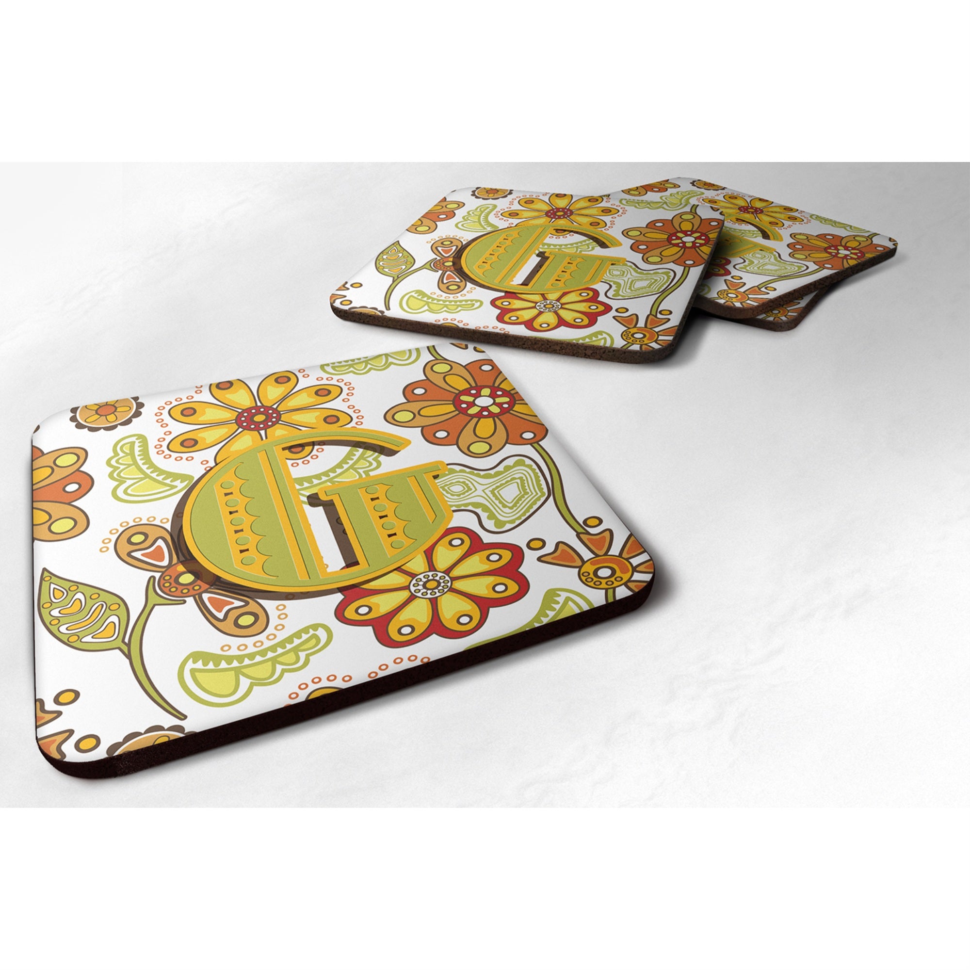 Caroline'S Treasures Cj2003-Gfc Letter G Floral Mustard And Green Foam Coasters (Set Of 4), 3.5, Multicolor