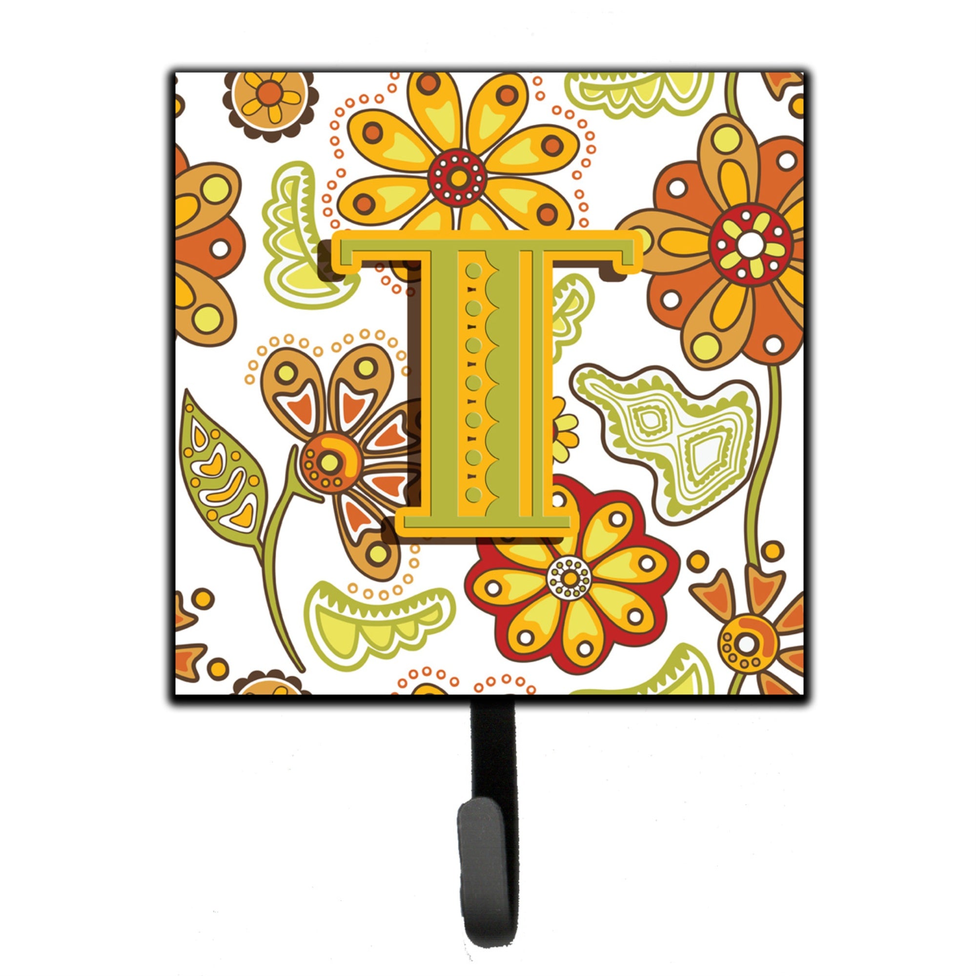 Caroline'S Treasures Cj2003-Tsh4 Letter T Floral Mustard And Green Leash Or Key Holder, Small, Multicolor