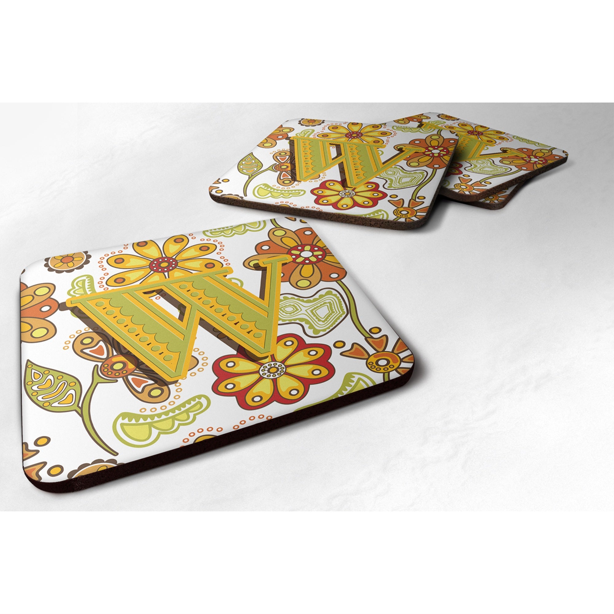 Caroline'S Treasures Cj2003-Wfc Letter W Floral Mustard And Green Foam Coasters (Set Of 4), 3.5, Multicolor
