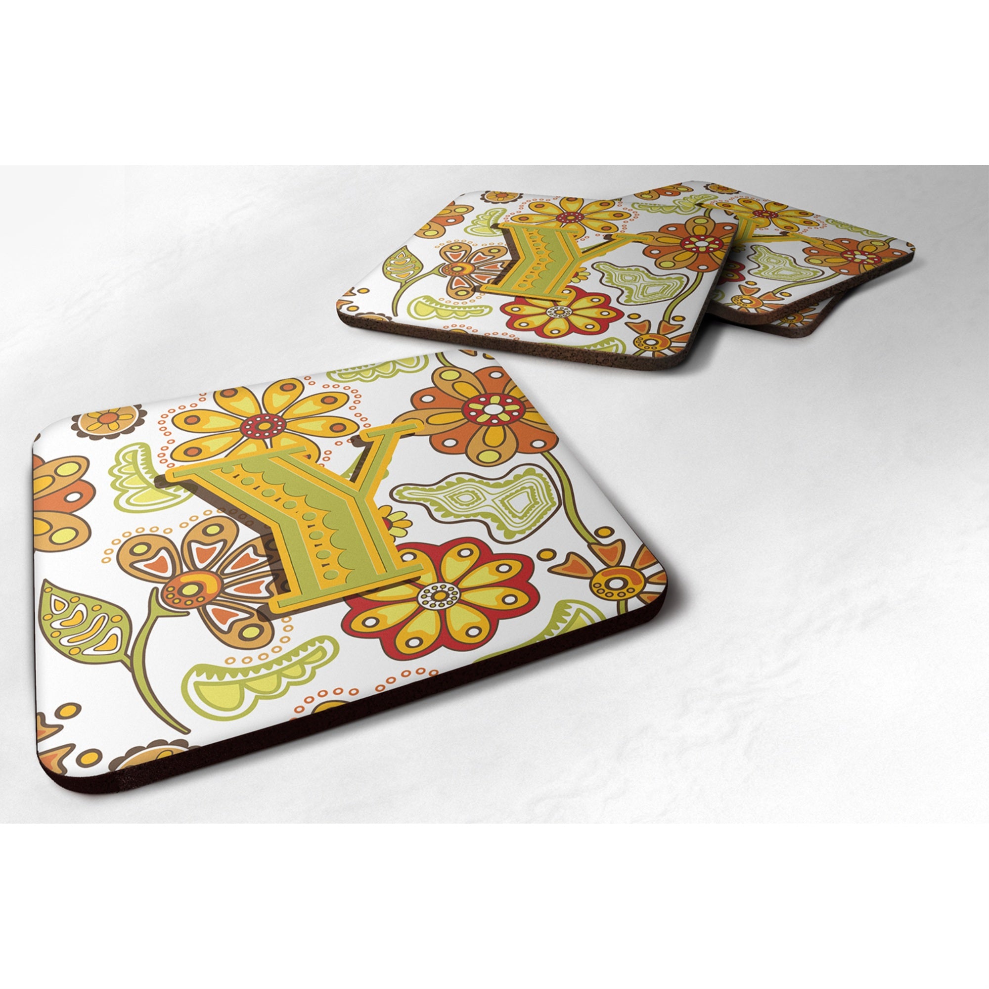 Caroline'S Treasures Cj2003-Yfc Letter Y Floral Mustard And Green Foam Coasters (Set Of 4), 3.5, Multicolor