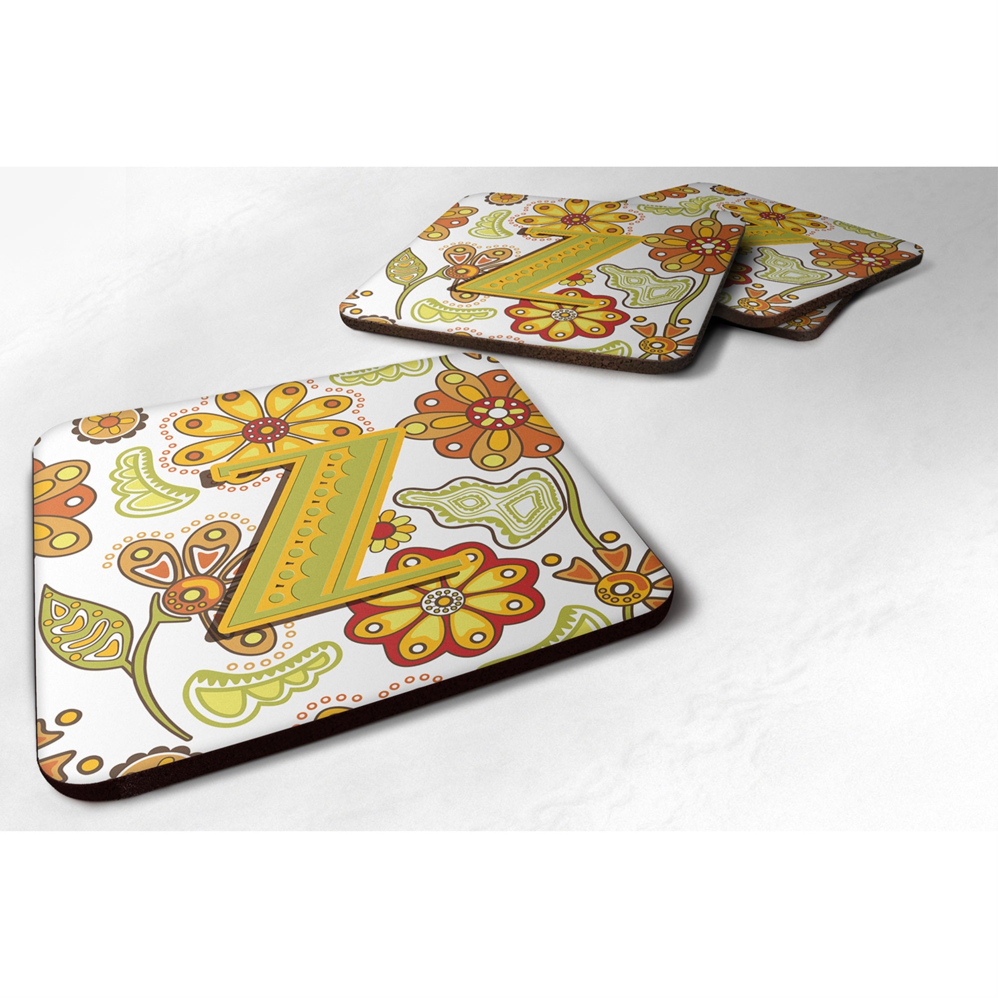 Caroline'S Treasures Cj2003-Zfc Letter Z Floral Mustard And Green Foam Coasters (Set Of 4), 3.5, Multicolor