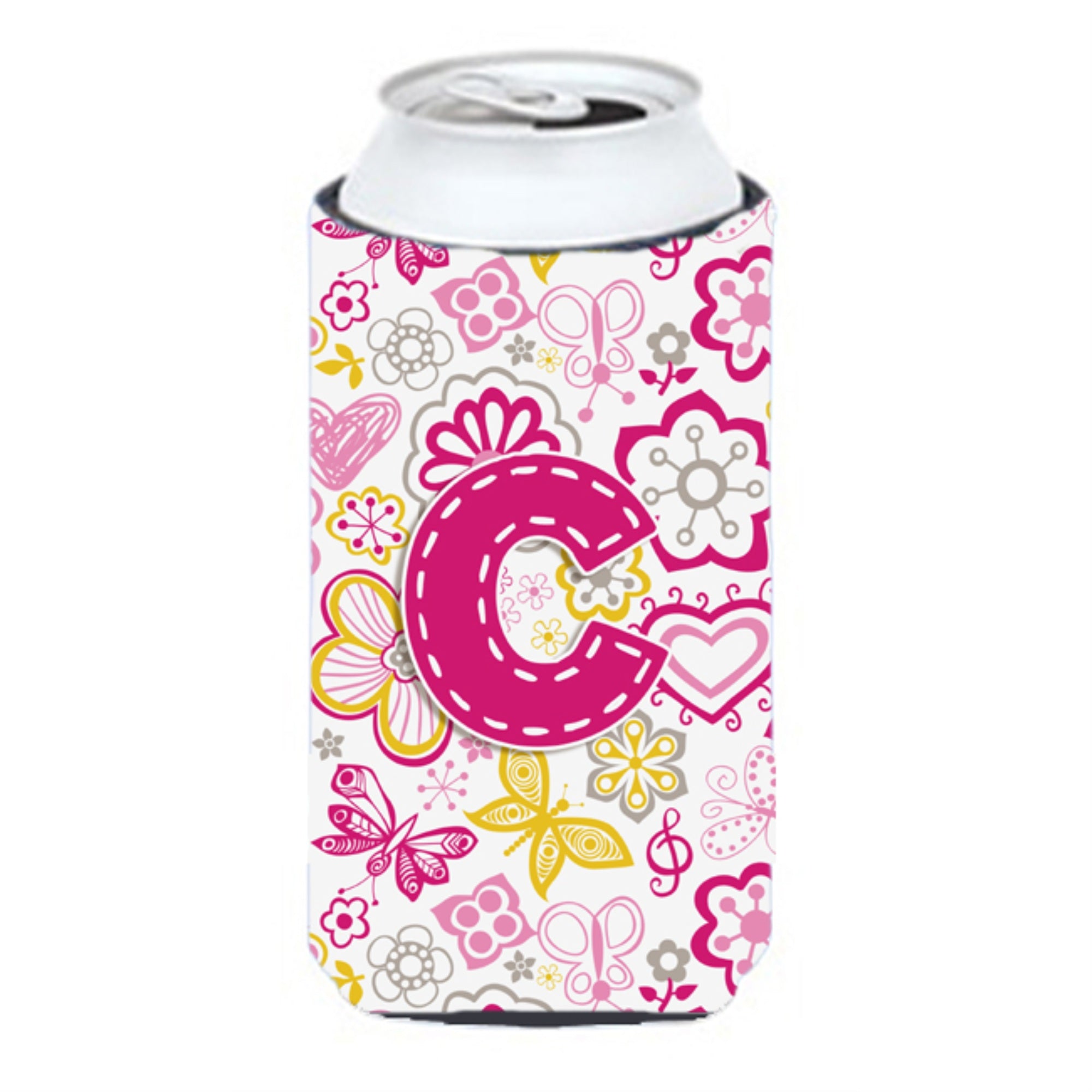 Letter C Flowers And Butterflies Pink Tall Boy Beverage Insulator Hugger Cj2005-Ctbc