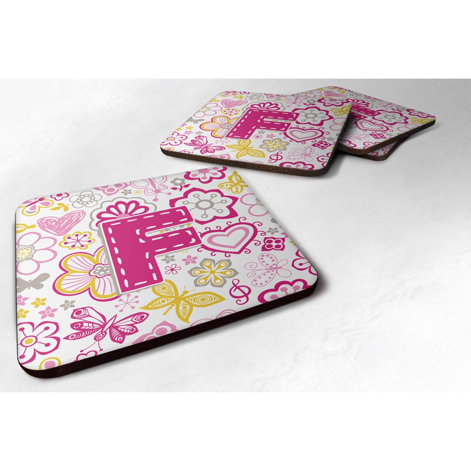 Caroline'S Treasures Cj2005-Ffc Letter F Flowers And Butterflies Pink Foam Coasters (Set Of 4), 3.5, Multicolor