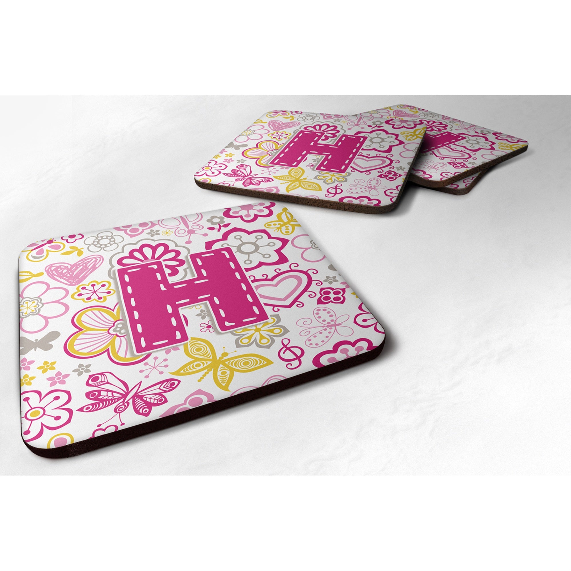 Caroline'S Treasures Cj2005-Hfc Letter H Flowers And Butterflies Pink Foam Coasters (Set Of 4), 3.5, Multicolor