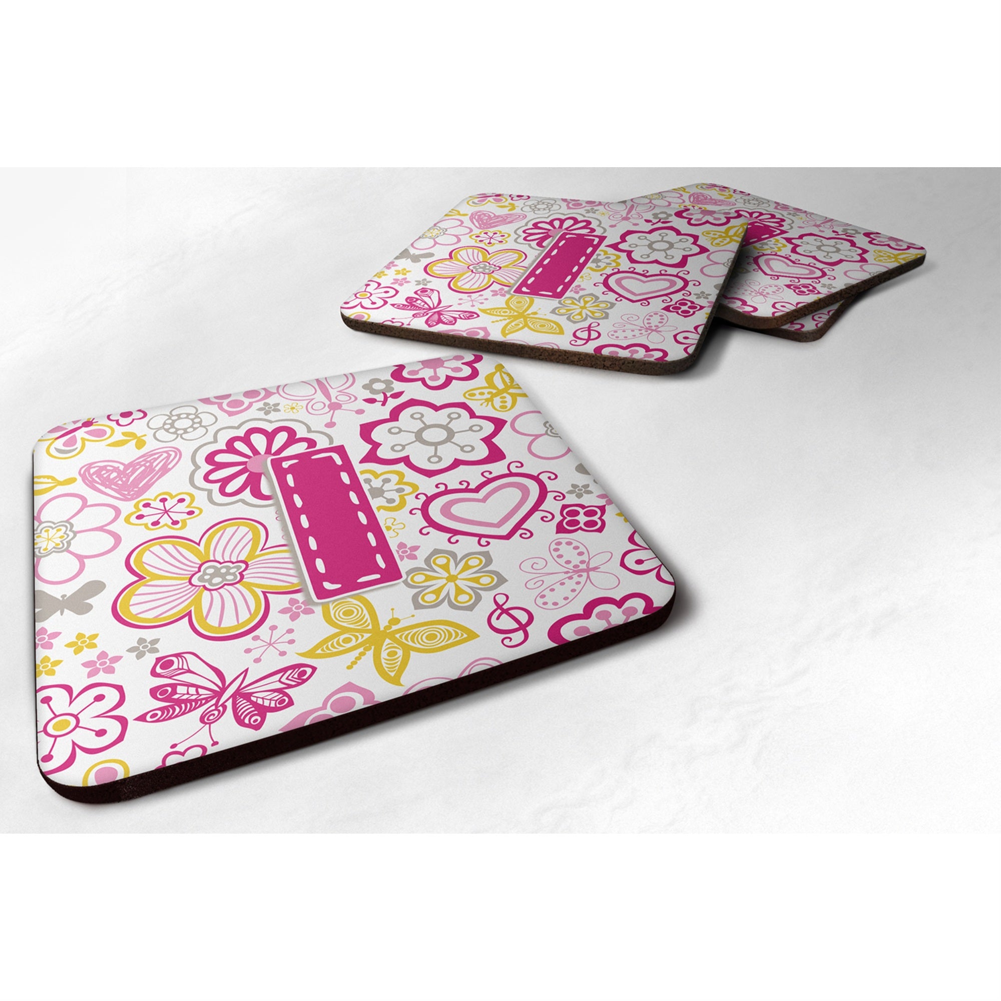 Caroline'S Treasures Cj2005-Ifc Letter I Flowers And Butterflies Pink Foam Coasters (Set Of 4), 3.5, Multicolor
