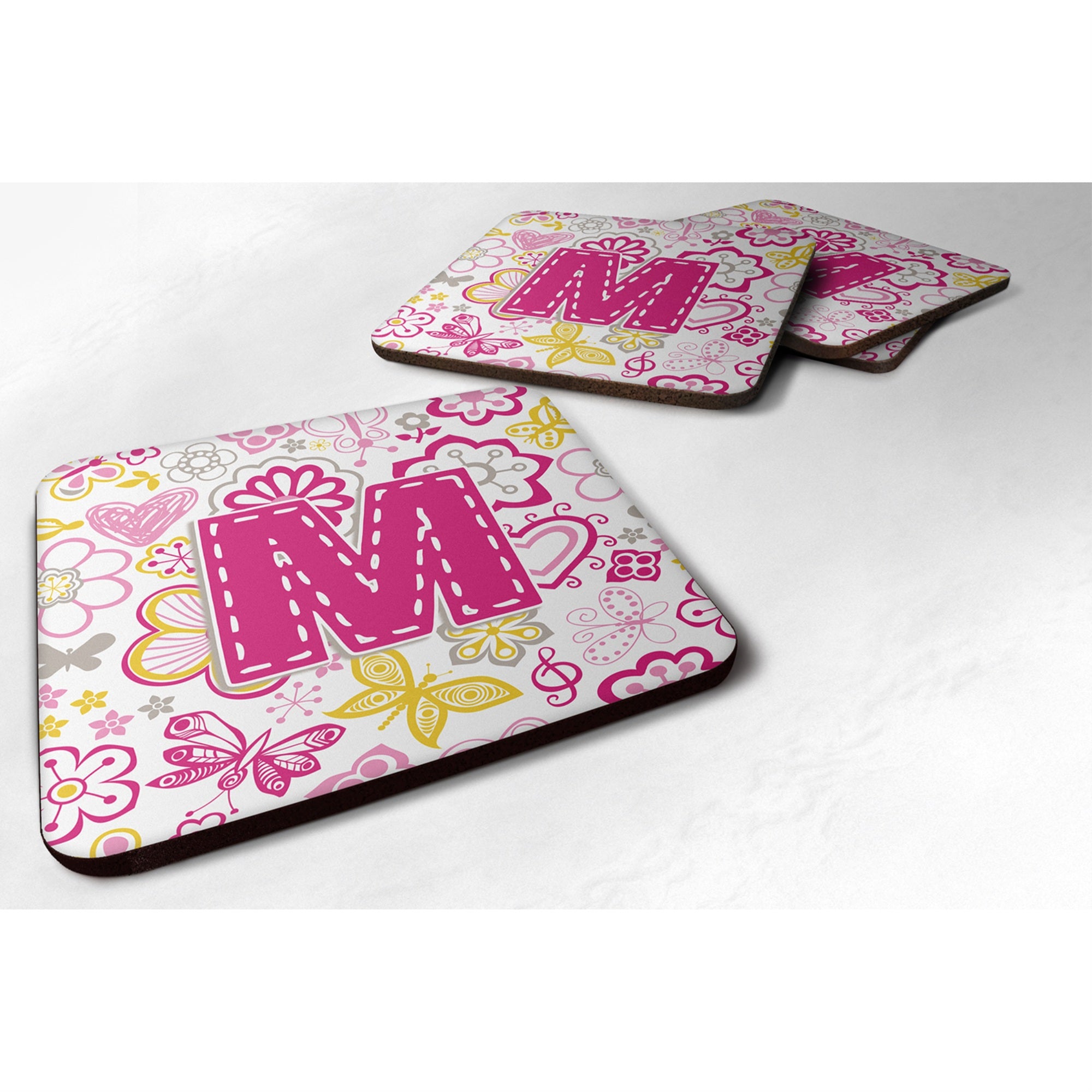 Caroline'S Treasures Cj2005-Mfc Letter M Flowers And Butterflies Pink Foam Coasters (Set Of 4), 3.5, Multicolor