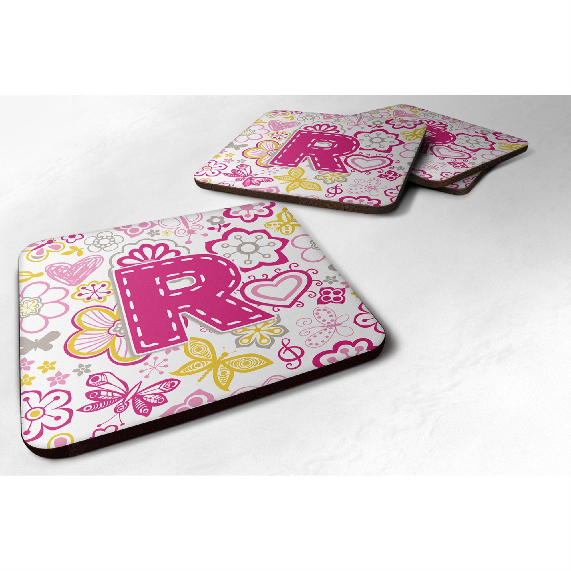 Caroline'S Treasures Cj2005-Rfc Letter R Flowers And Butterflies Pink Foam Coasters (Set Of 4), 3.5, Multicolor