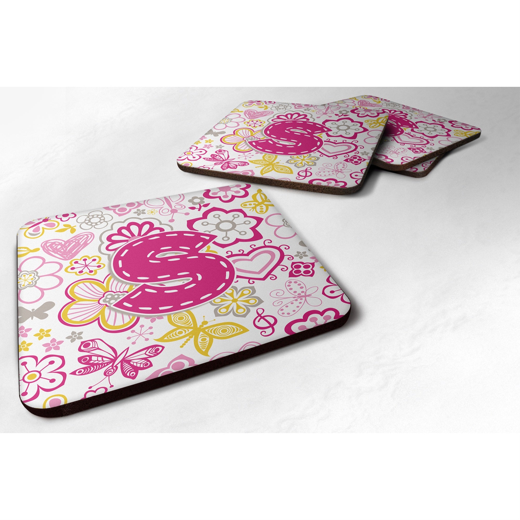 Caroline'S Treasures Cj2005-Sfc Letter S Flowers And Butterflies Pink Foam Coasters (Set Of 4), 3.5, Multicolor
