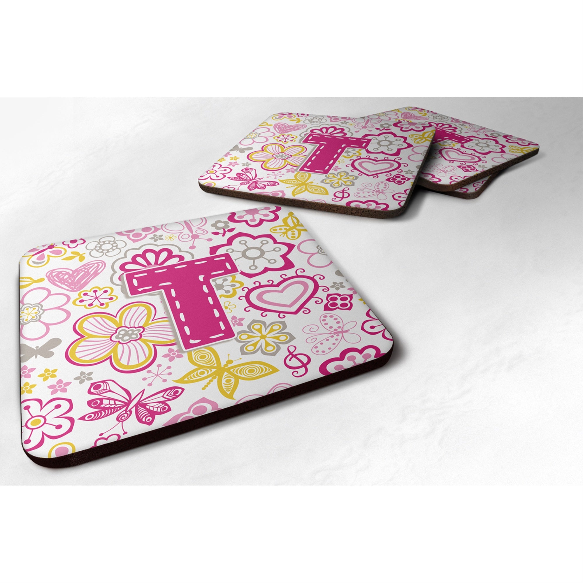 Caroline'S Treasures Cj2005-Tfc Letter T Flowers And Butterflies Pink Foam Coasters (Set Of 4), 3.5, Multicolor