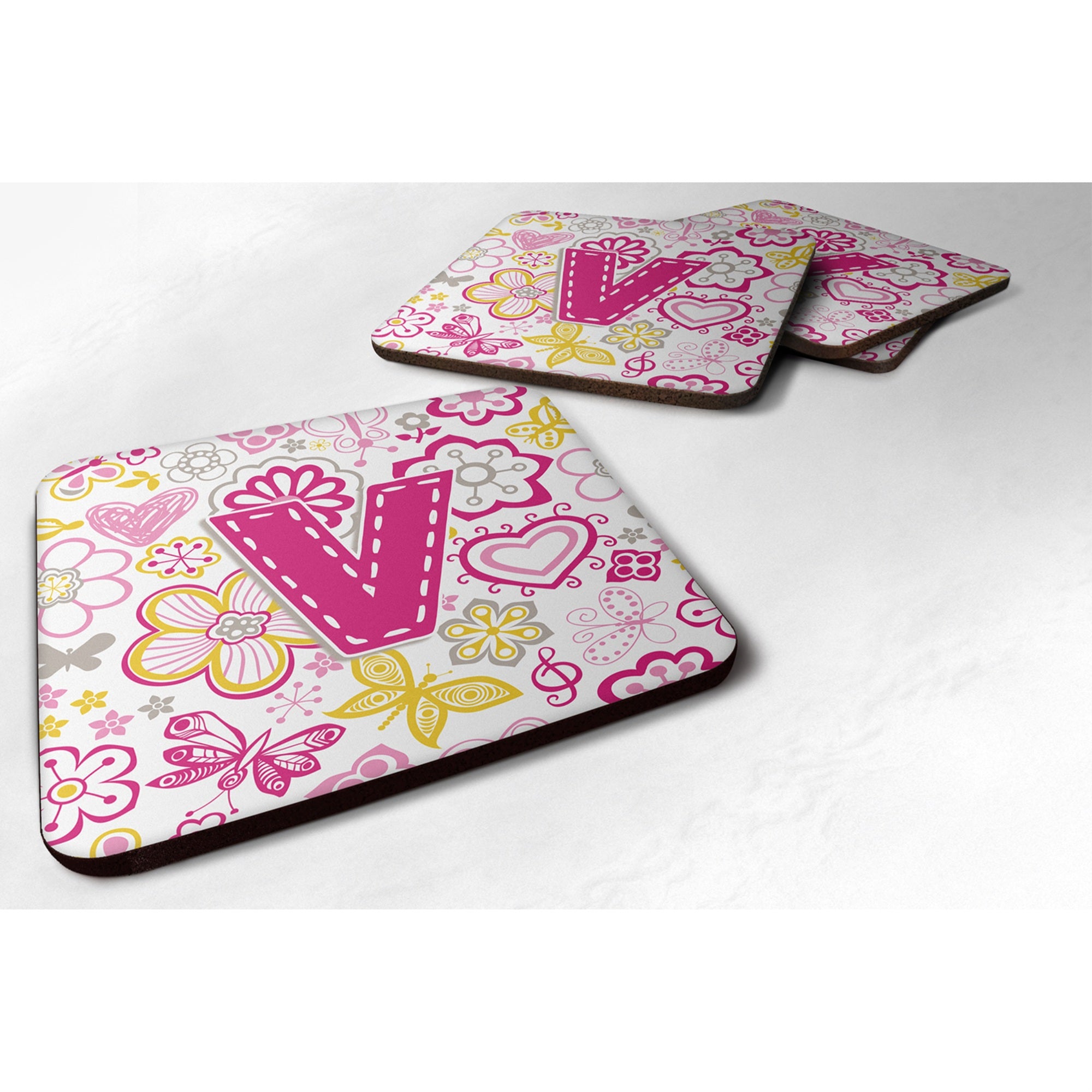 Caroline'S Treasures Cj2005-Vfc Letter V Flowers And Butterflies Pink Foam Coasters (Set Of 4), 3.5, Multicolor