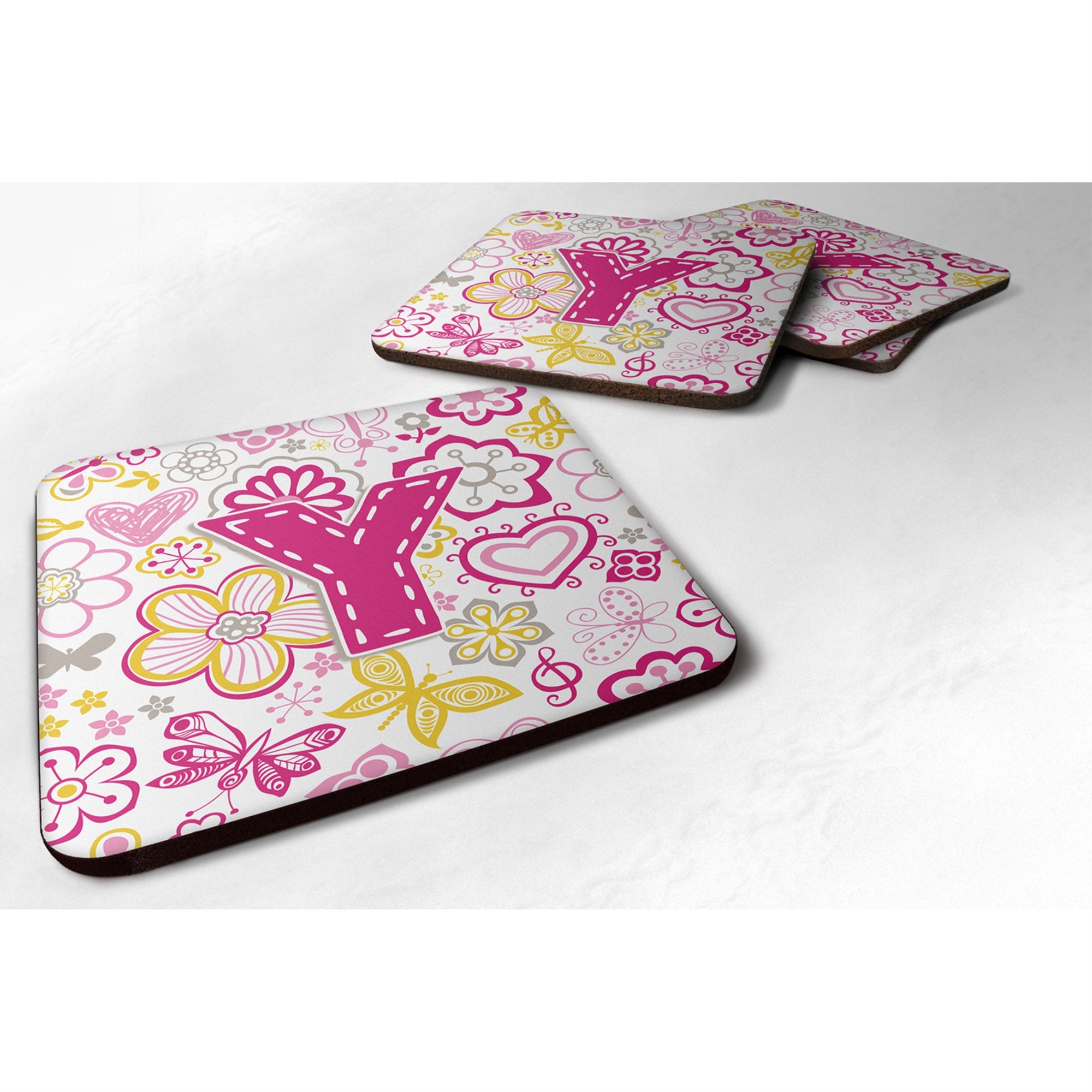 Caroline'S Treasures Cj2005-Yfc Letter Y Flowers And Butterflies Pink Foam Coasters (Set Of 4), 3.5, Multicolor