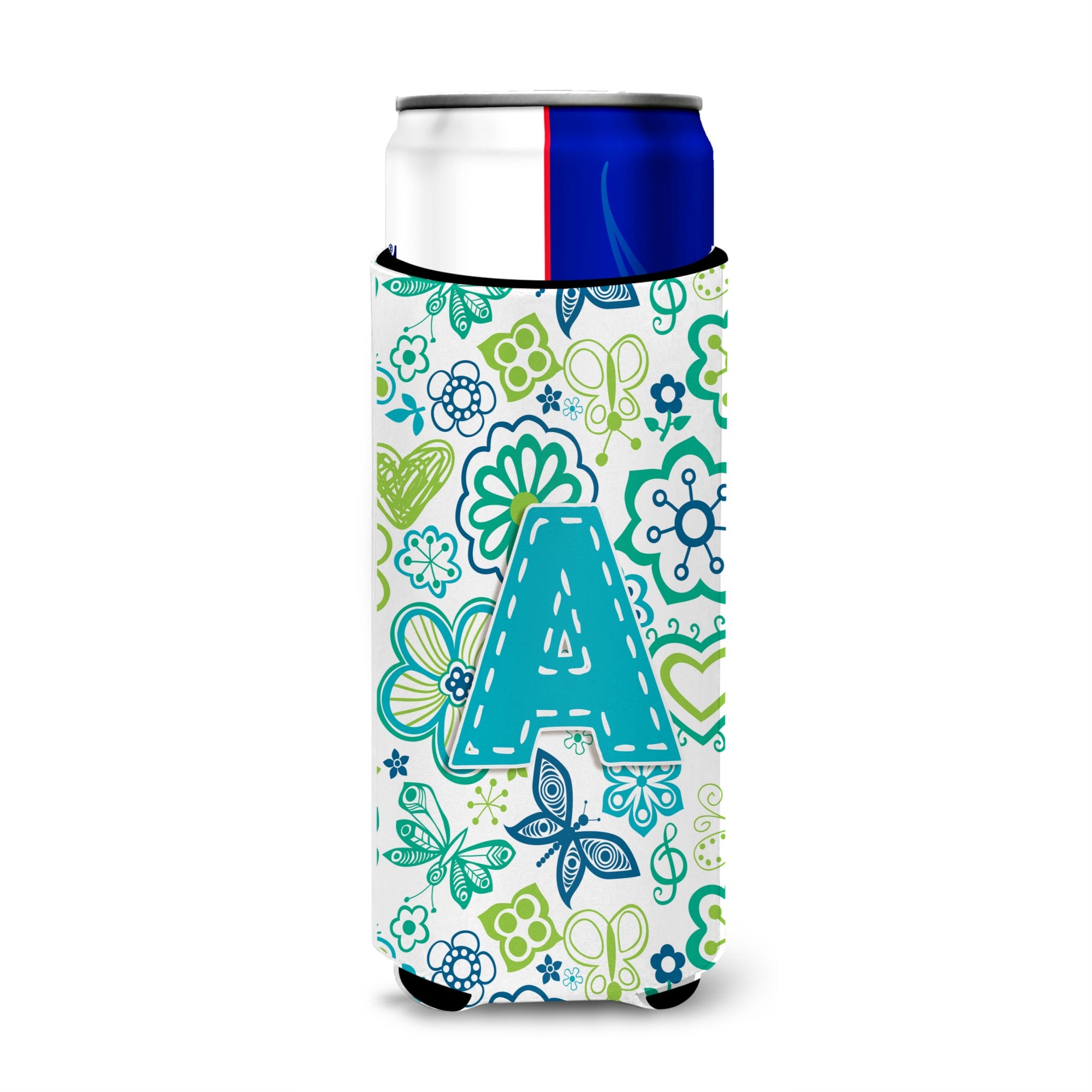 Letter A Flowers And Butterflies Teal Blue Ultra Beverage Insulators For Slim Cans Cj2006-Amuk