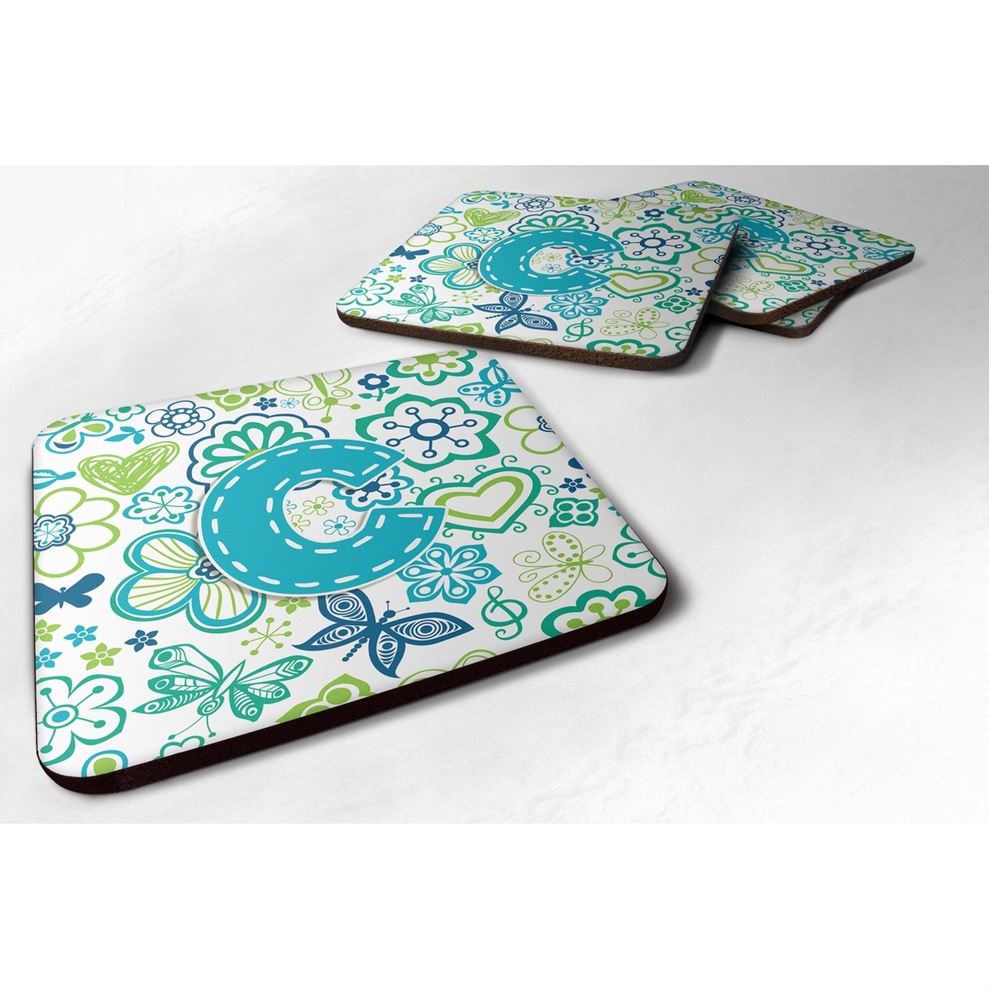 Caroline'S Treasures Cj2006-Cfc Letter C Flowers And Butterflies Teal Blue Foam Coasters (Set Of 4), 3.5, Multicolor