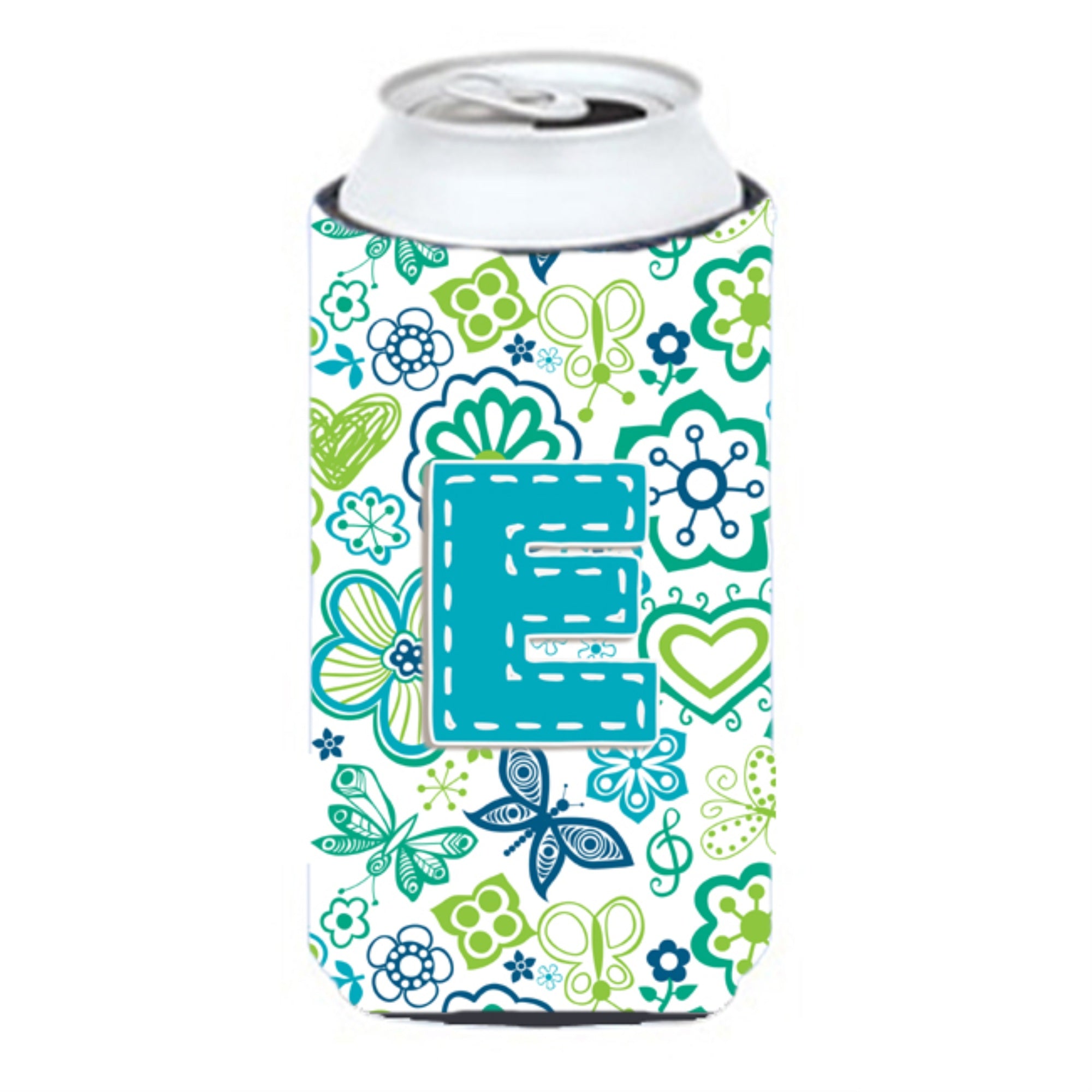 Letter E Flowers And Butterflies Teal Blue Tall Boy Beverage Insulator Hugger Cj2006-Etbc