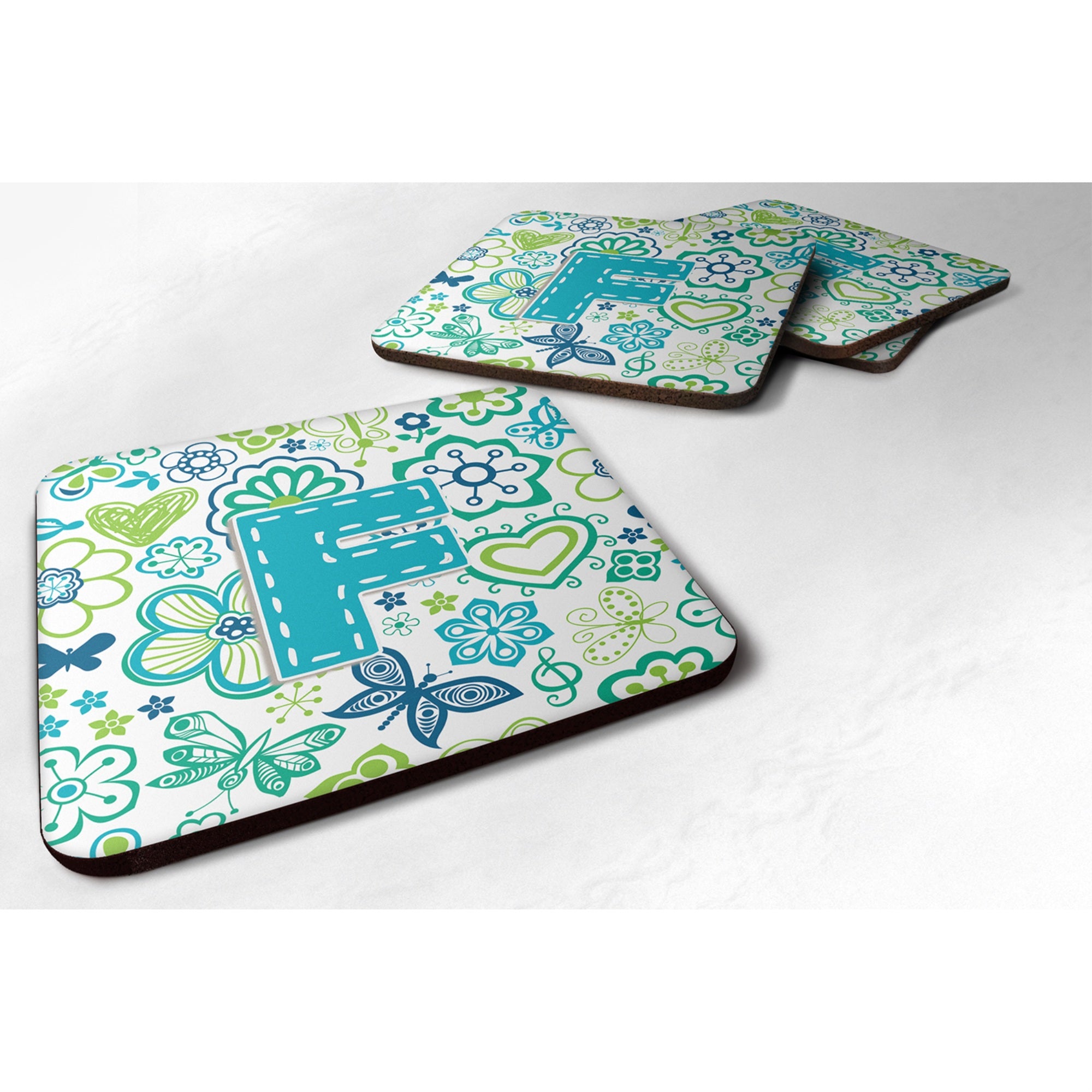 Caroline'S Treasures Cj2006-Ffc Letter F Flowers And Butterflies Teal Blue Foam Coasters (Set Of 4), 3.5, Multicolor