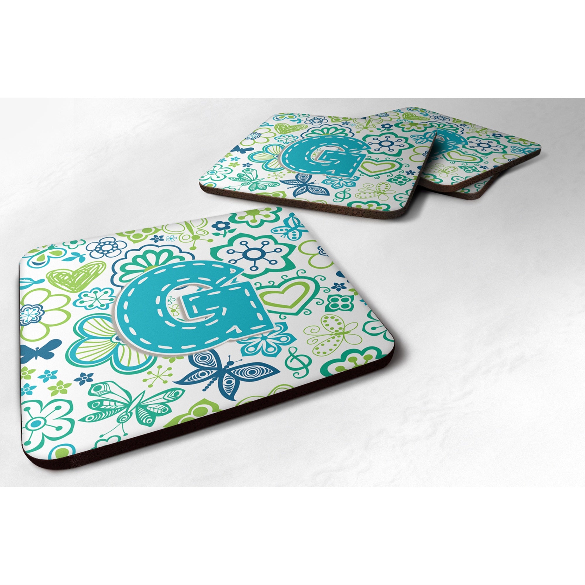Caroline'S Treasures Cj2006-Gfc Letter G Flowers And Butterflies Teal Blue Foam Coasters (Set Of 4), 3.5, Multicolor