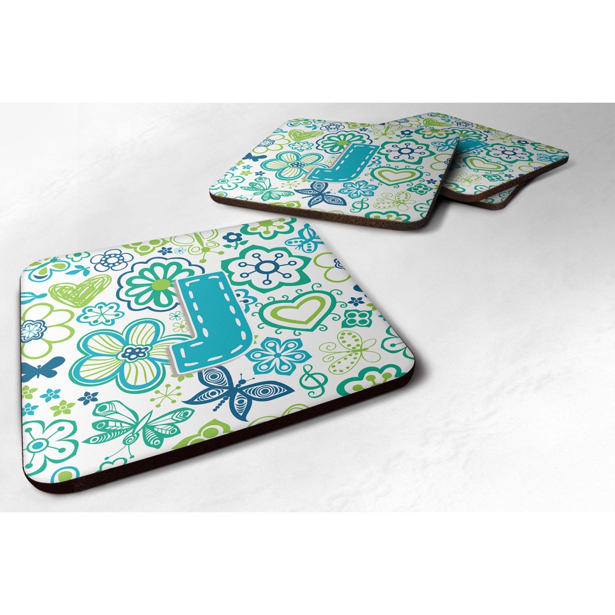 Caroline'S Treasures Cj2006-Jfc Letter J Flowers And Butterflies Teal Blue Foam Coasters (Set Of 4), 3.5, Multicolor