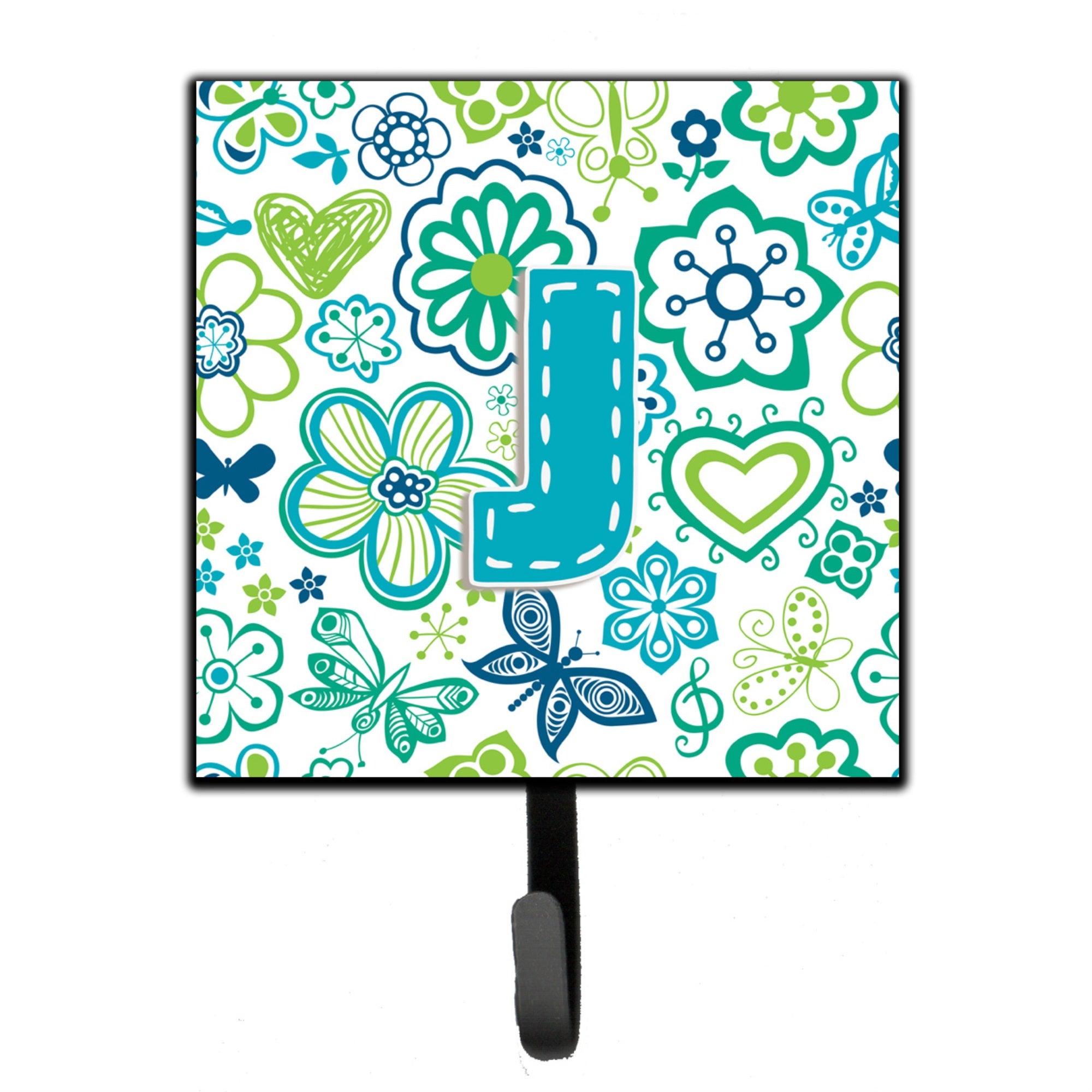 Caroline'S Treasures Cj2006-Jsh4 Letter J Flowers And Butterflies Teal Blue Leash Or Key Holder, Small, Multicolor