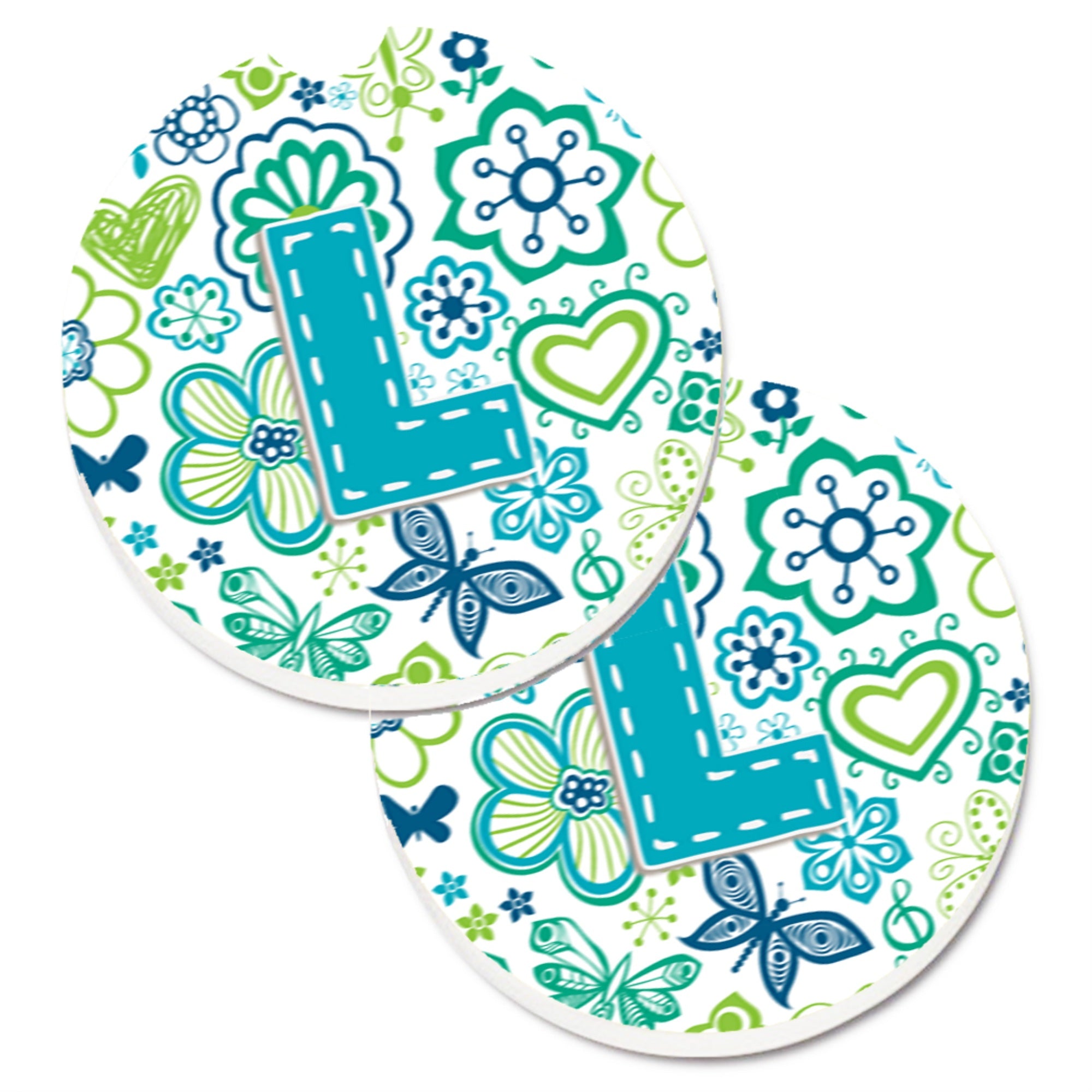 Caroline'S Treasures Letter L Flowers & Butterflies Teal Blue Set Of 2 Cup Holder Car Coasters Cj2006-Lcarc, 2.56, Multicolor,