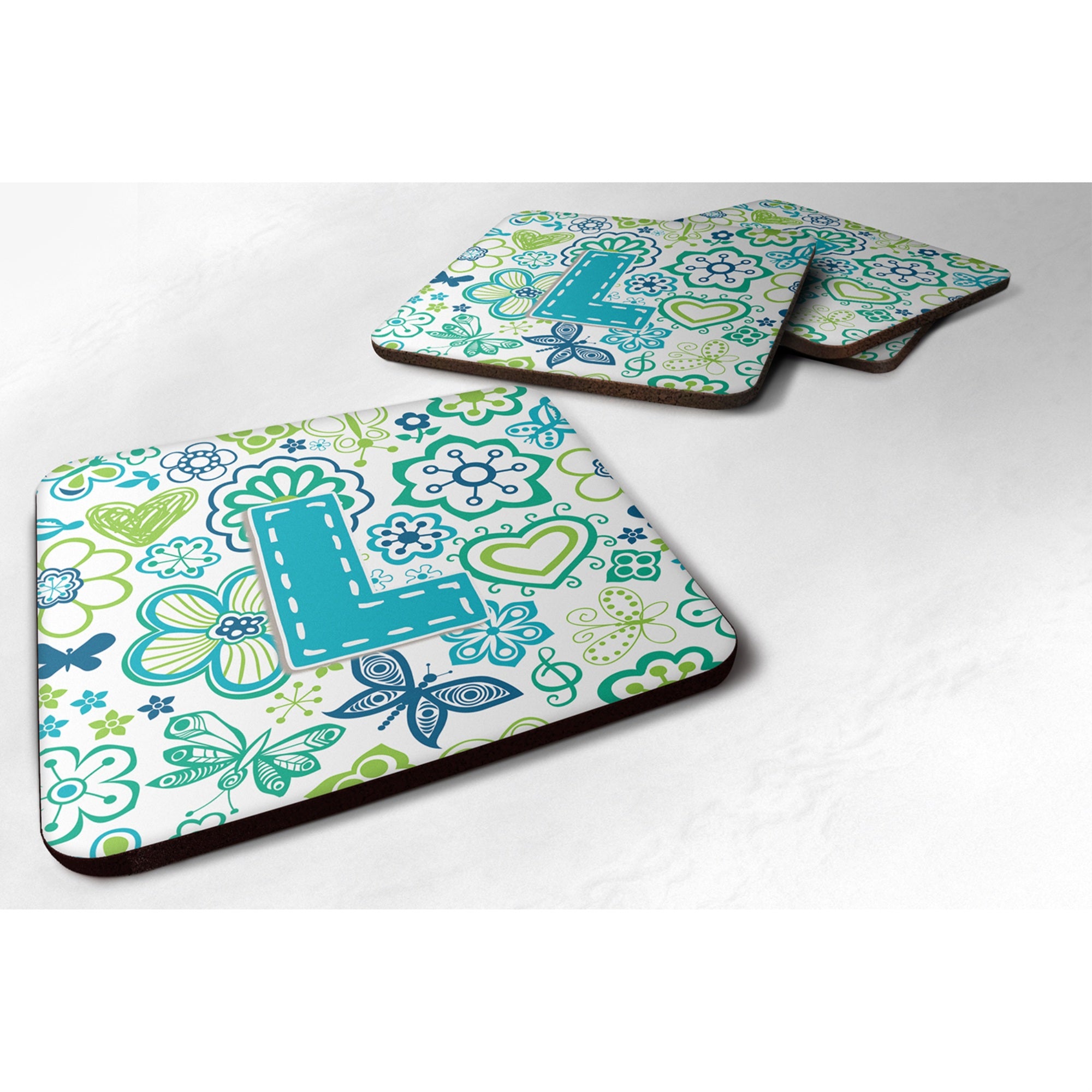 Caroline'S Treasures Cj2006-Lfc Letter L Flowers And Butterflies Teal Blue Foam Coasters (Set Of 4), 3.5, Multicolor