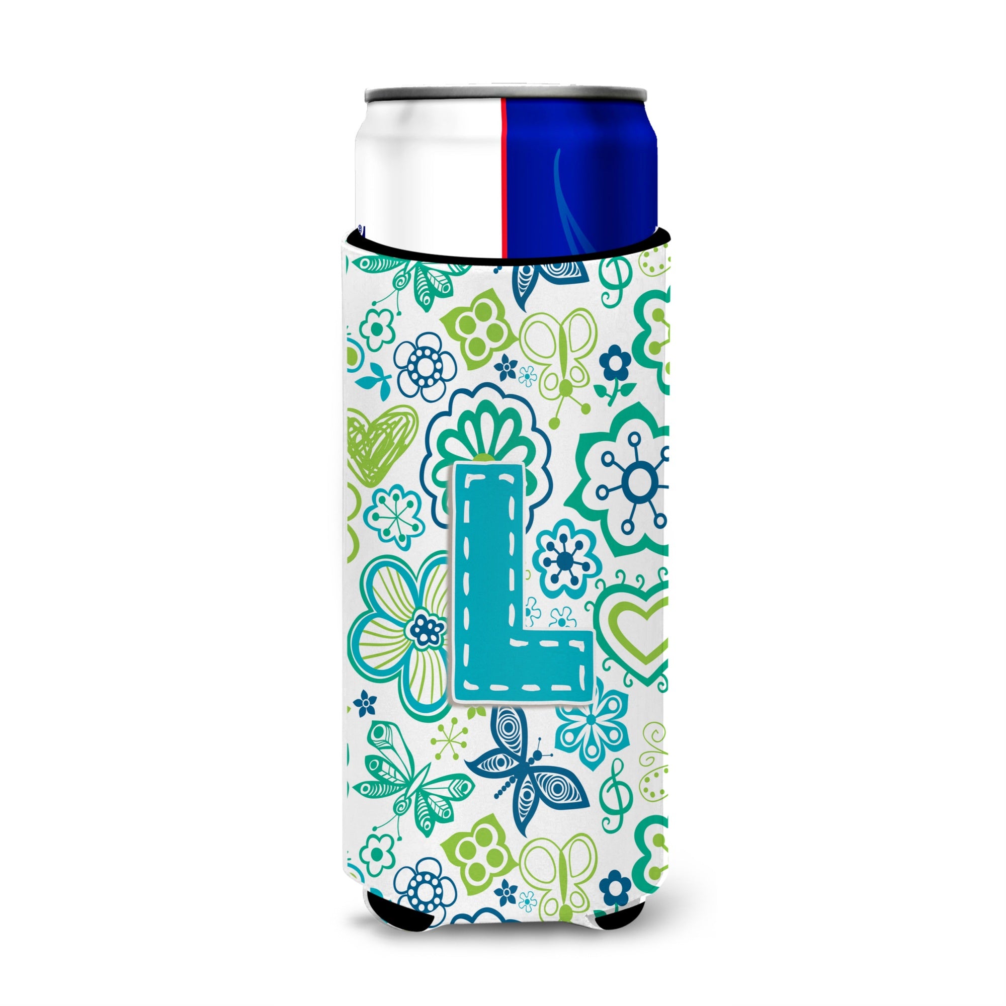 Letter L Flowers And Butterflies Teal Blue Ultra Beverage Insulators For Slim Cans Cj2006-Lmuk