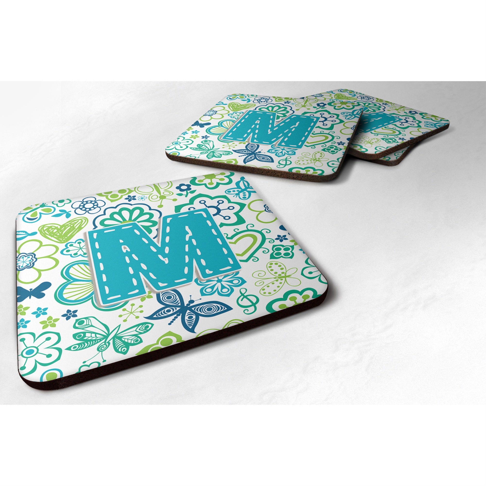 Caroline'S Treasures Cj2006-Mfc Letter M Flowers And Butterflies Teal Blue Foam Coasters (Set Of 4), 3.5, Multicolor