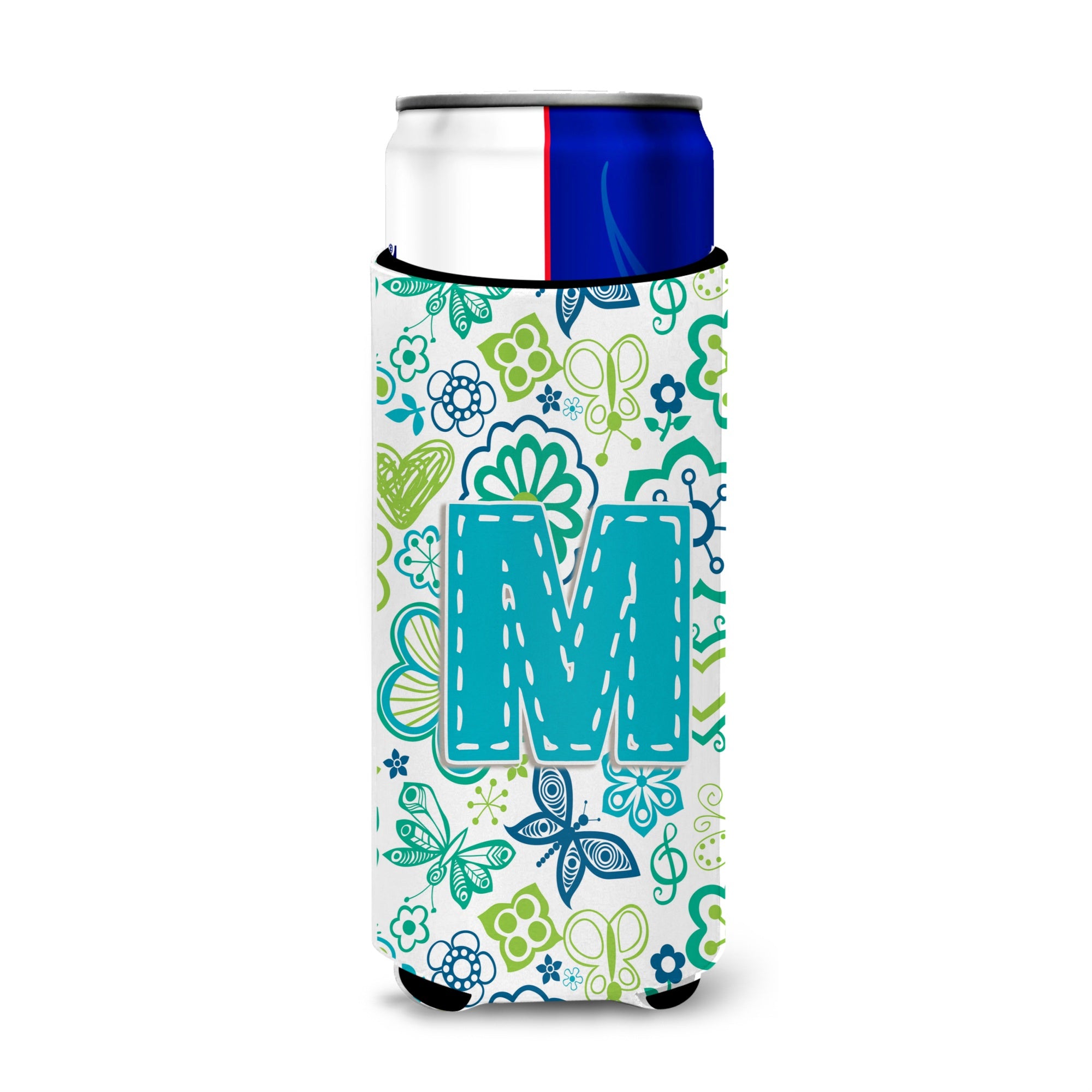 Letter M Flowers And Butterflies Teal Blue Ultra Beverage Insulators For Slim Cans Cj2006-Mmuk
