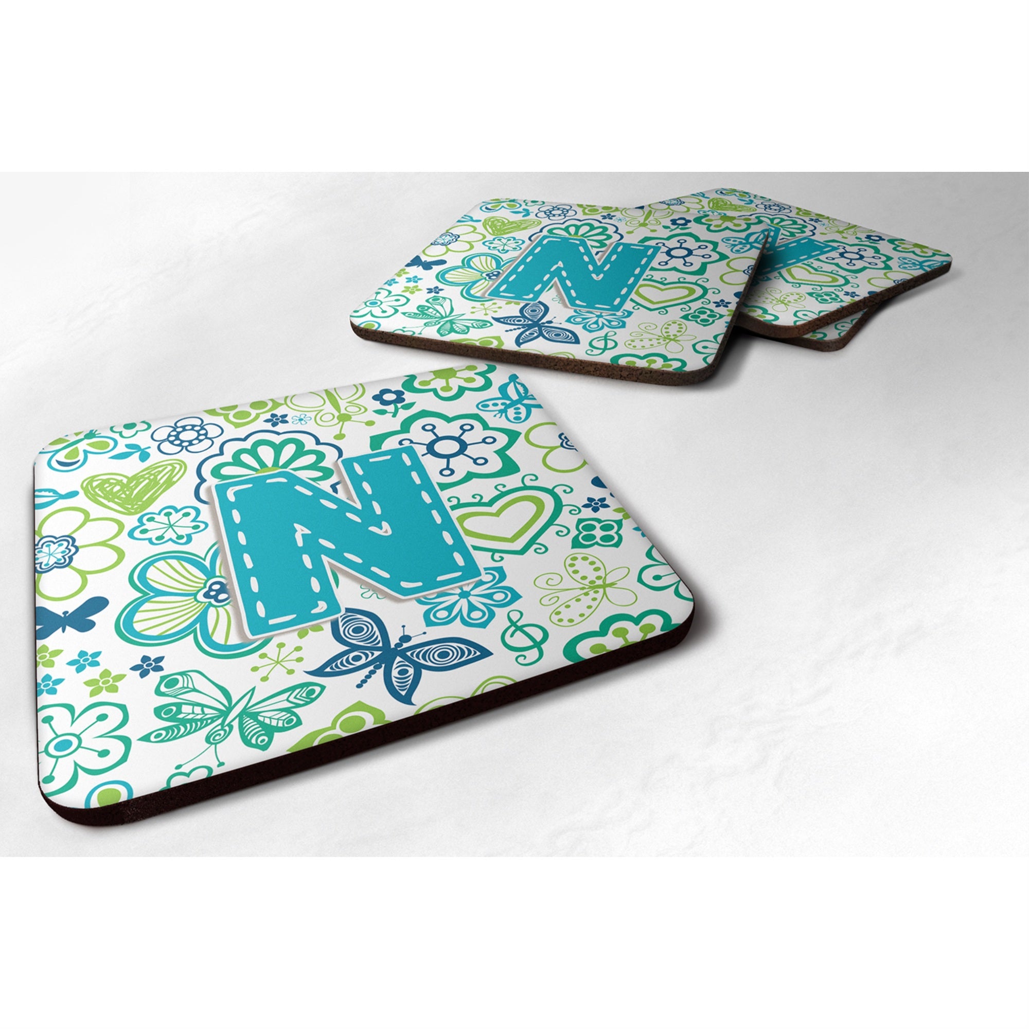 Caroline'S Treasures Cj2006-Nfc Letter N Flowers And Butterflies Teal Blue Foam Coasters (Set Of 4), 3.5, Multicolor