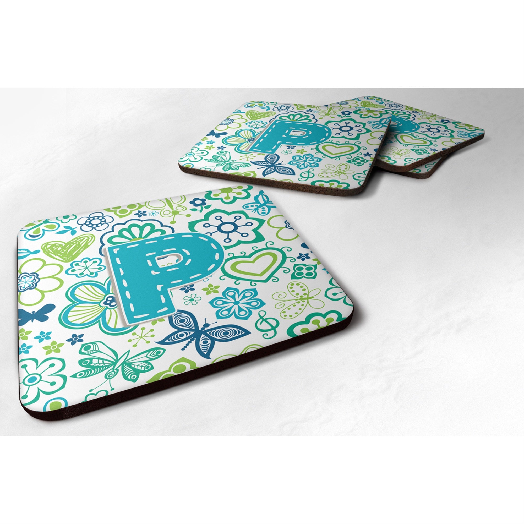 Caroline'S Treasures Cj2006-Pfc Letter P Flowers And Butterflies Teal Blue Foam Coasters (Set Of 4), 3.5, Multicolor