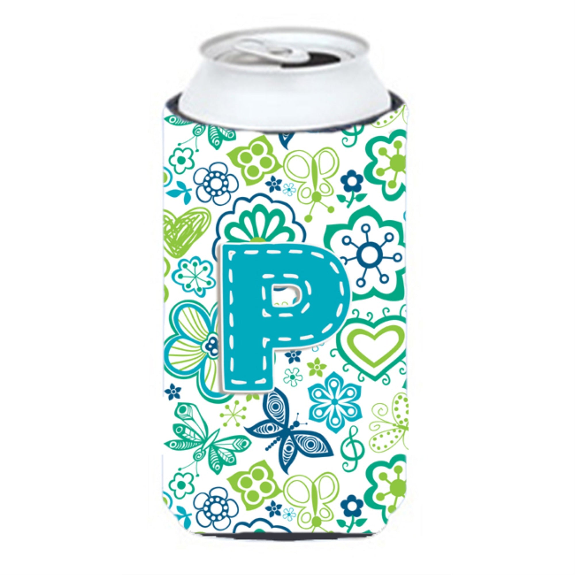 Letter P Flowers And Butterflies Teal Blue Tall Boy Beverage Insulator Hugger Cj2006-Ptbc