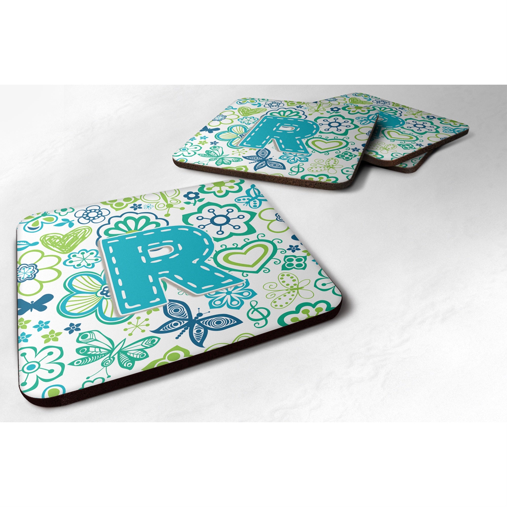 Caroline'S Treasures Cj2006-Rfc Letter R Flowers And Butterflies Teal Blue Foam Coasters (Set Of 4), 3.5, Multicolor