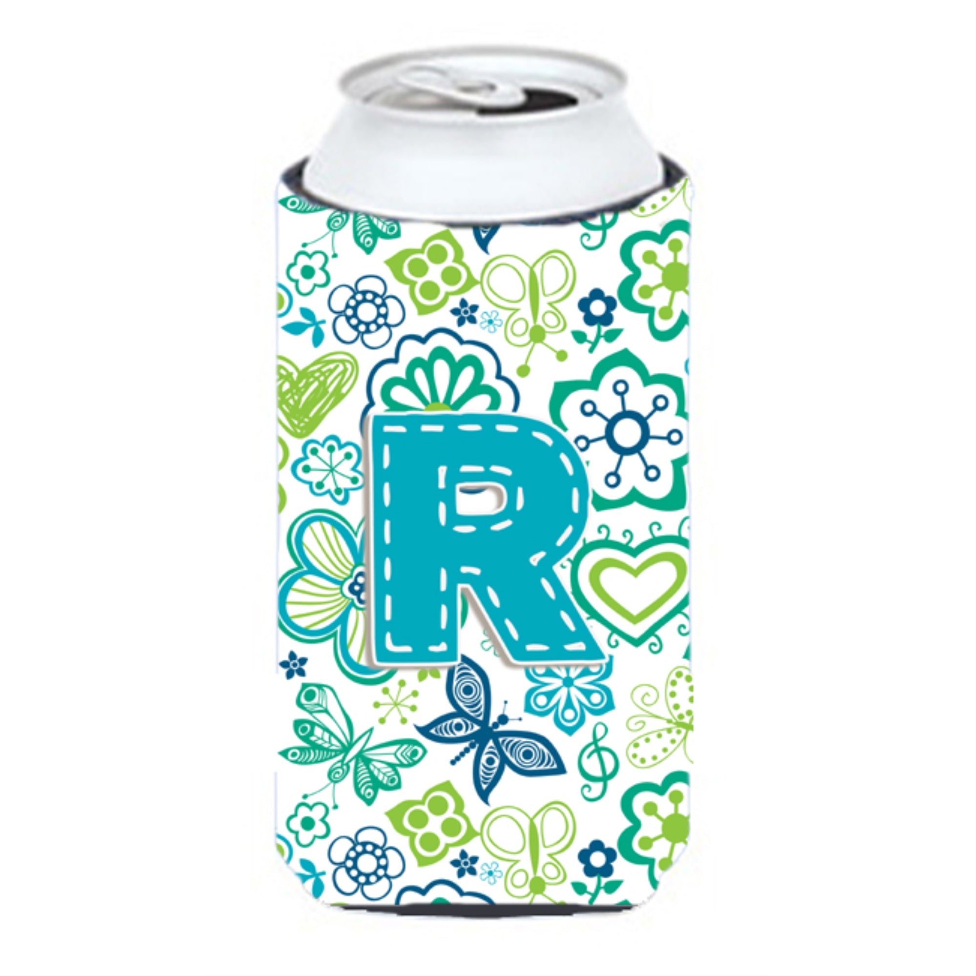 Letter R Flowers And Butterflies Teal Blue Tall Boy Beverage Insulator Hugger Cj2006-Rtbc