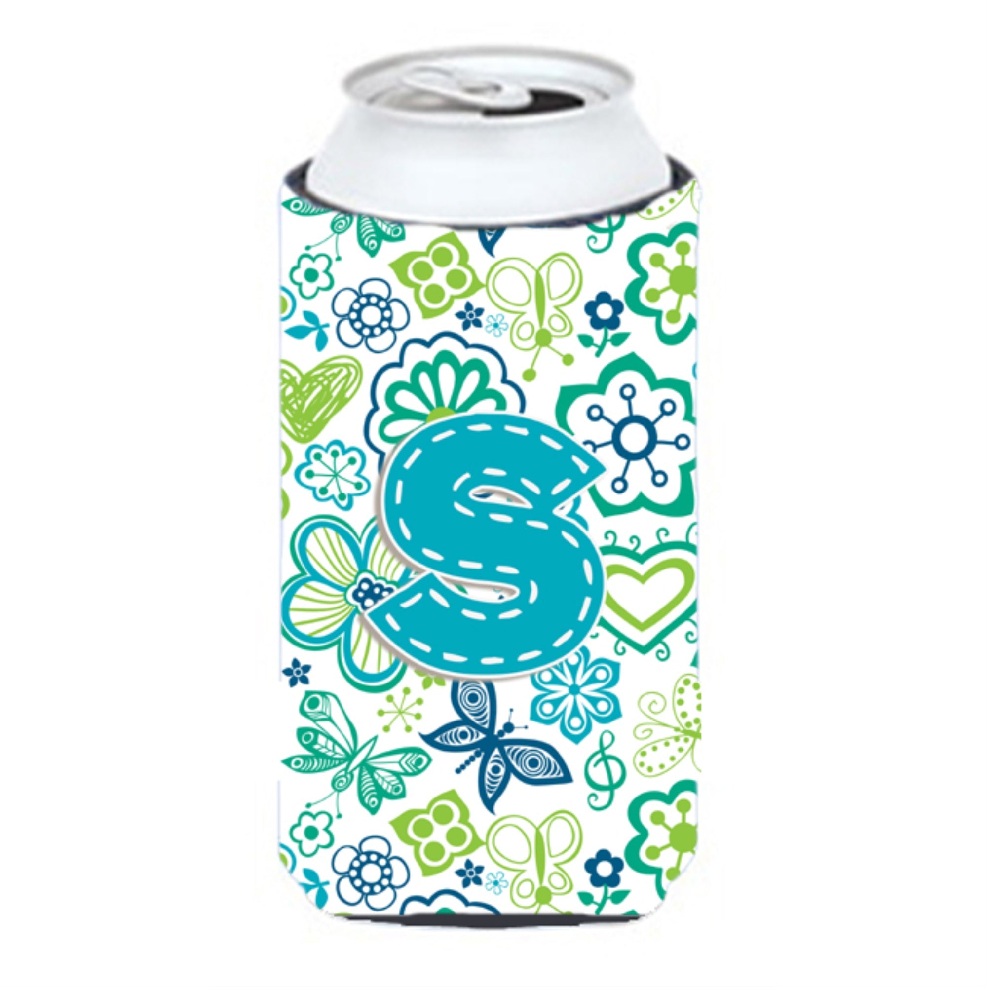 Letter S Flowers And Butterflies Teal Blue Tall Boy Beverage Insulator Hugger Cj2006-Stbc