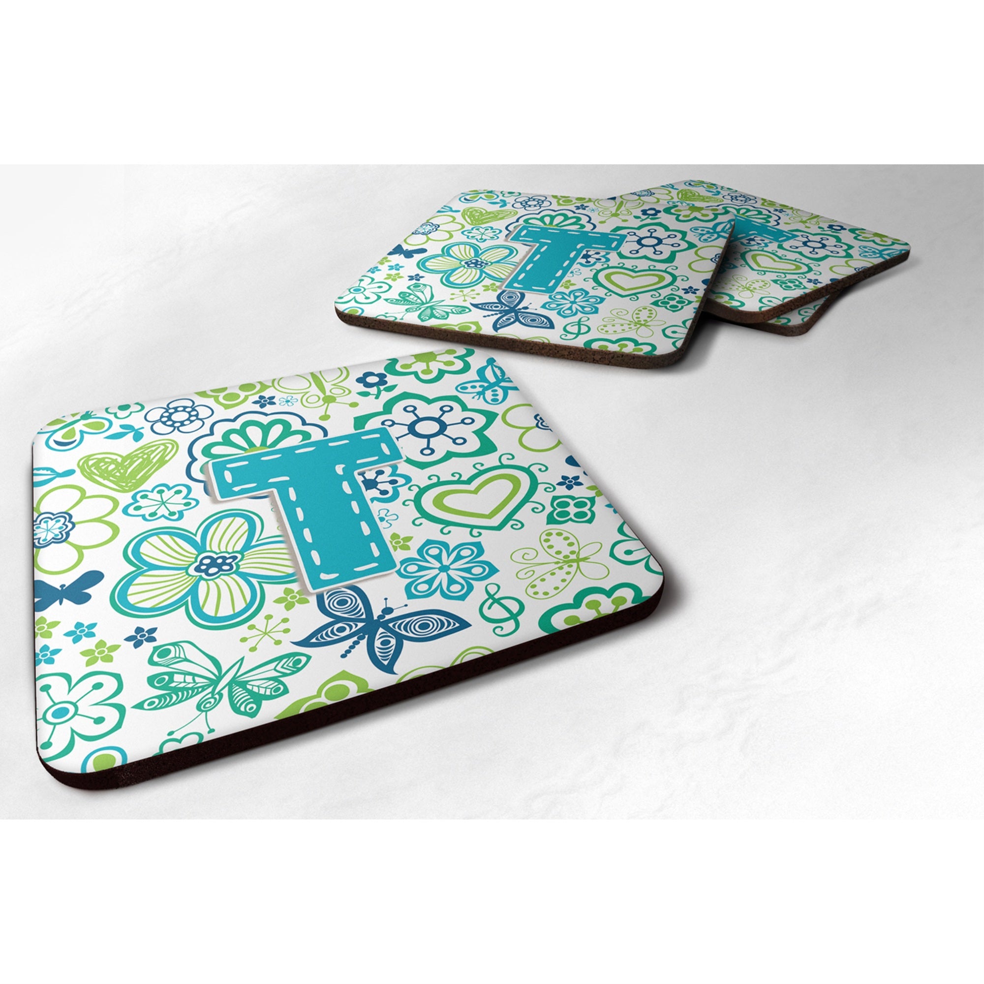 Caroline'S Treasures Cj2006-Tfc Letter T Flowers And Butterflies Teal Blue Foam Coasters (Set Of 4), 3.5, Multicolor
