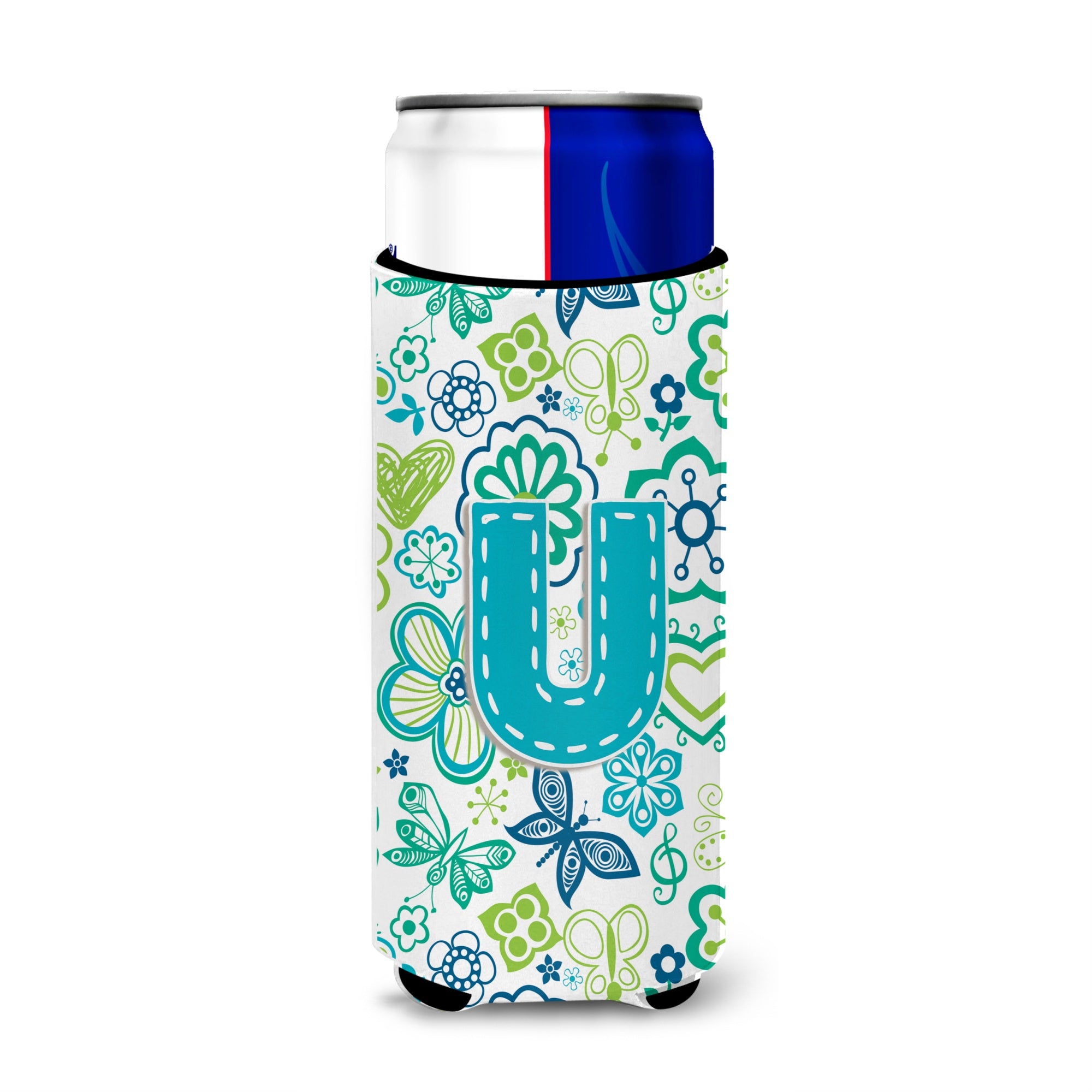 Letter U Flowers And Butterflies Teal Blue Ultra Beverage Insulators For Slim Cans Cj2006-Umuk
