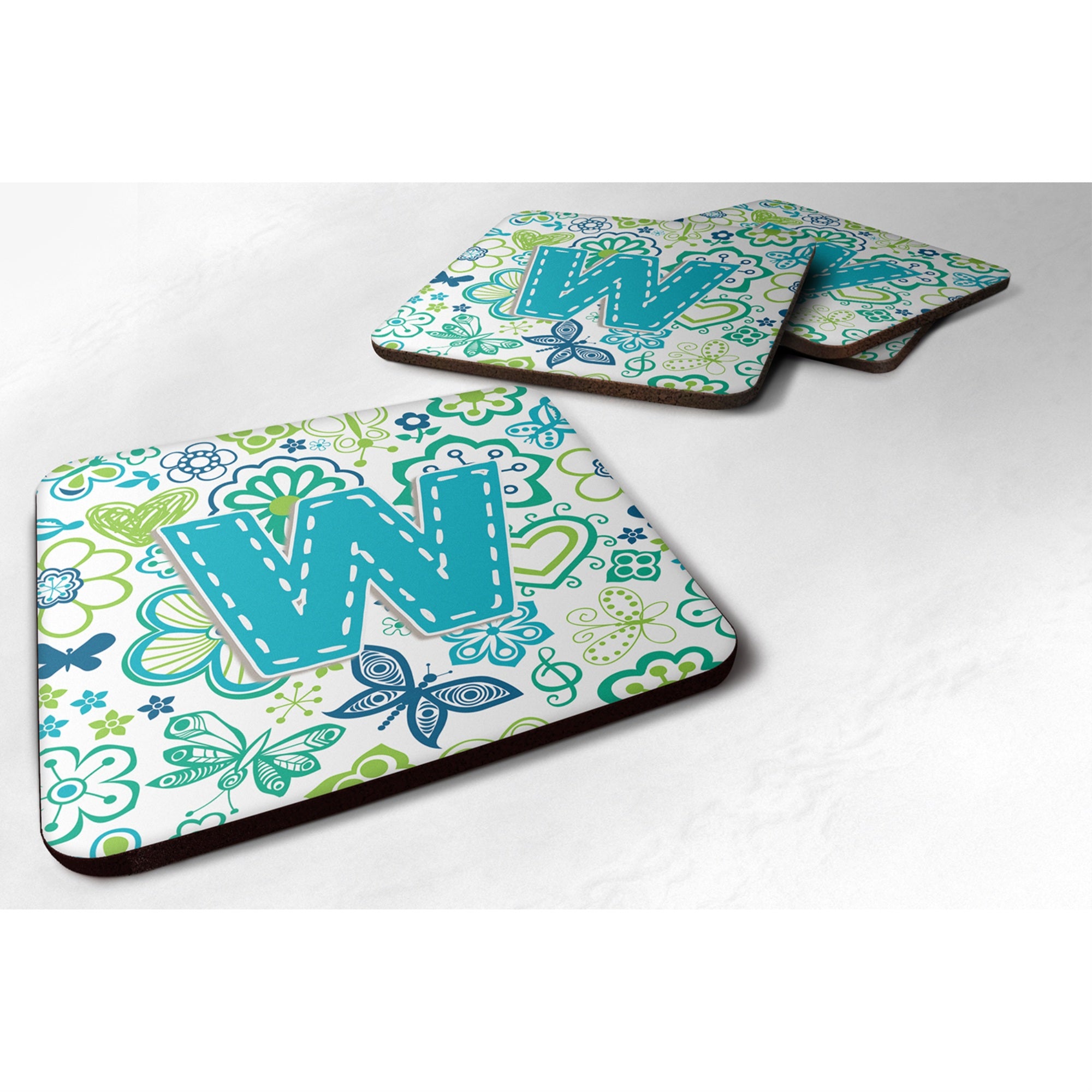 Caroline'S Treasures Cj2006-Wfc Letter W Flowers And Butterflies Teal Blue Foam Coasters (Set Of 4), 3.5, Multicolor