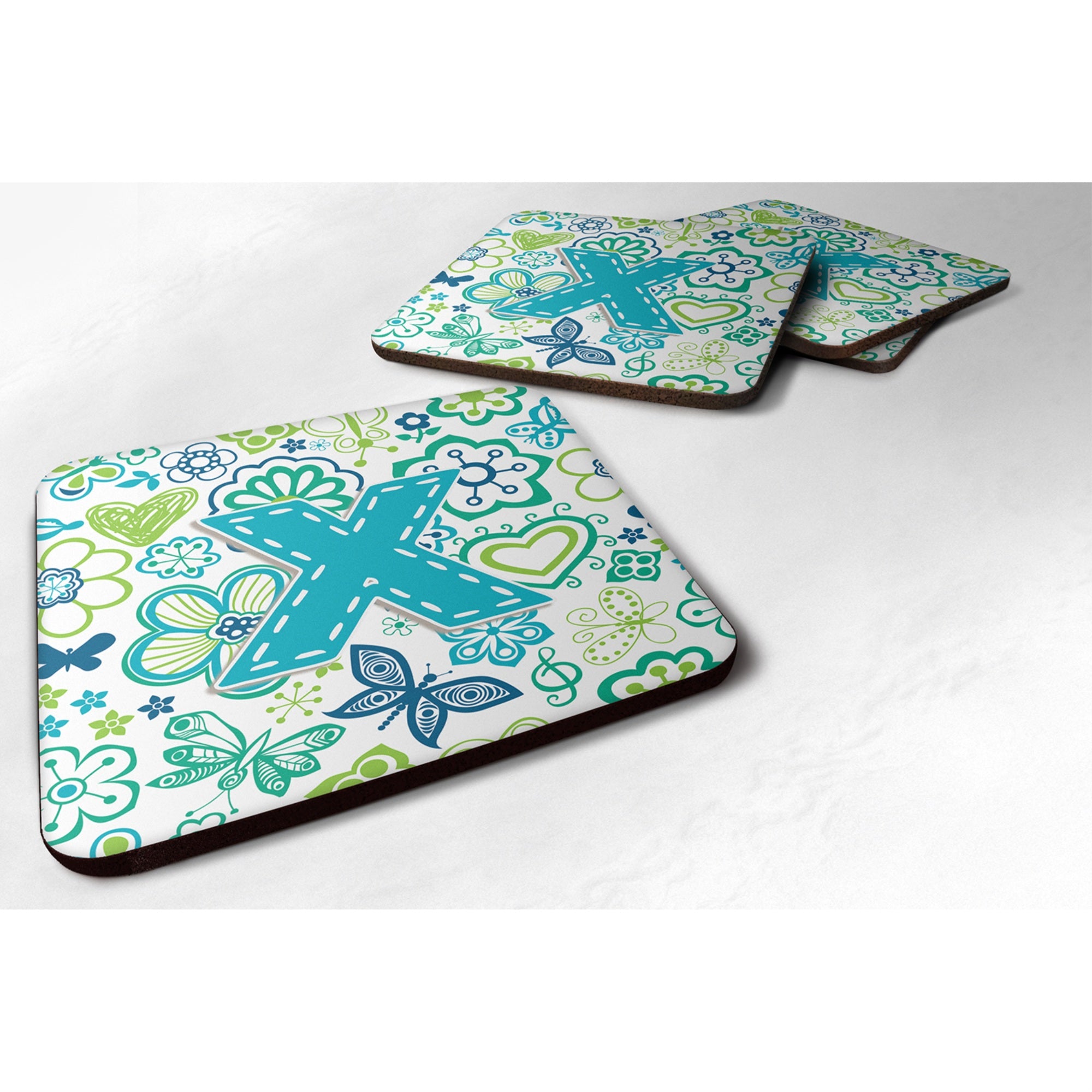 Caroline'S Treasures Cj2006-Xfc Letter X Flowers And Butterflies Teal Blue Foam Coasters (Set Of 4), 3.5, Multicolor