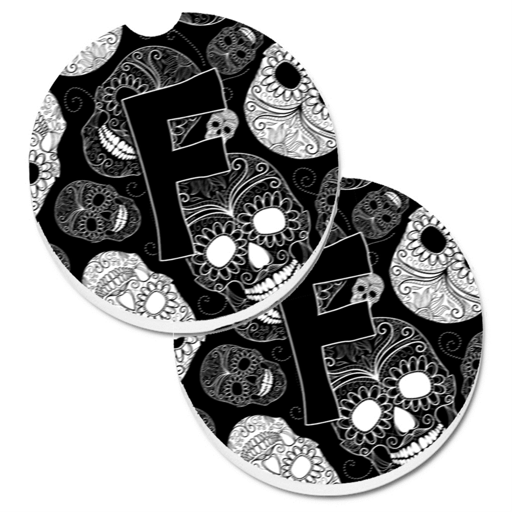 Caroline'S Treasures Letter F Day Of The Dead Skulls Black Set Of 2 Cup Holder Car Coasters Cj2008-Fcarc, 2.56, Multicolor